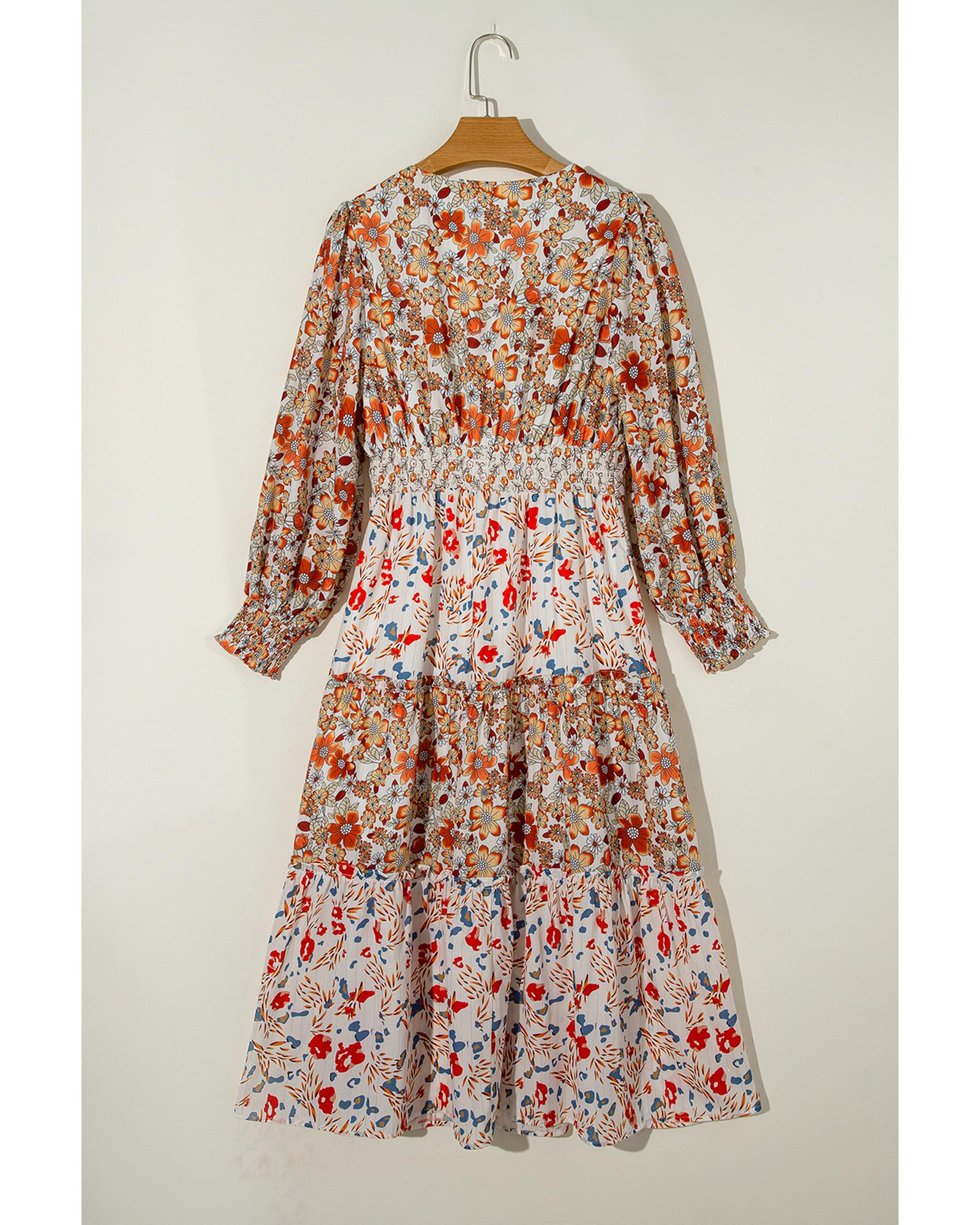 Khaki Floral Print Ruffled Tiered Long Sleeve V Neck Midi Dress - M 6