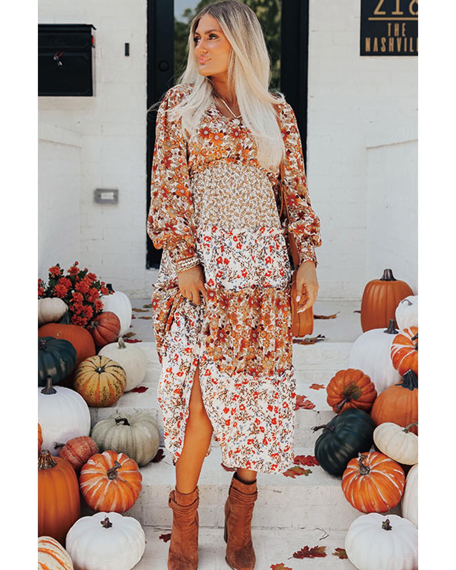 Khaki Floral Print Ruffled Tiered Long Sleeve V Neck Midi Dress - M 7