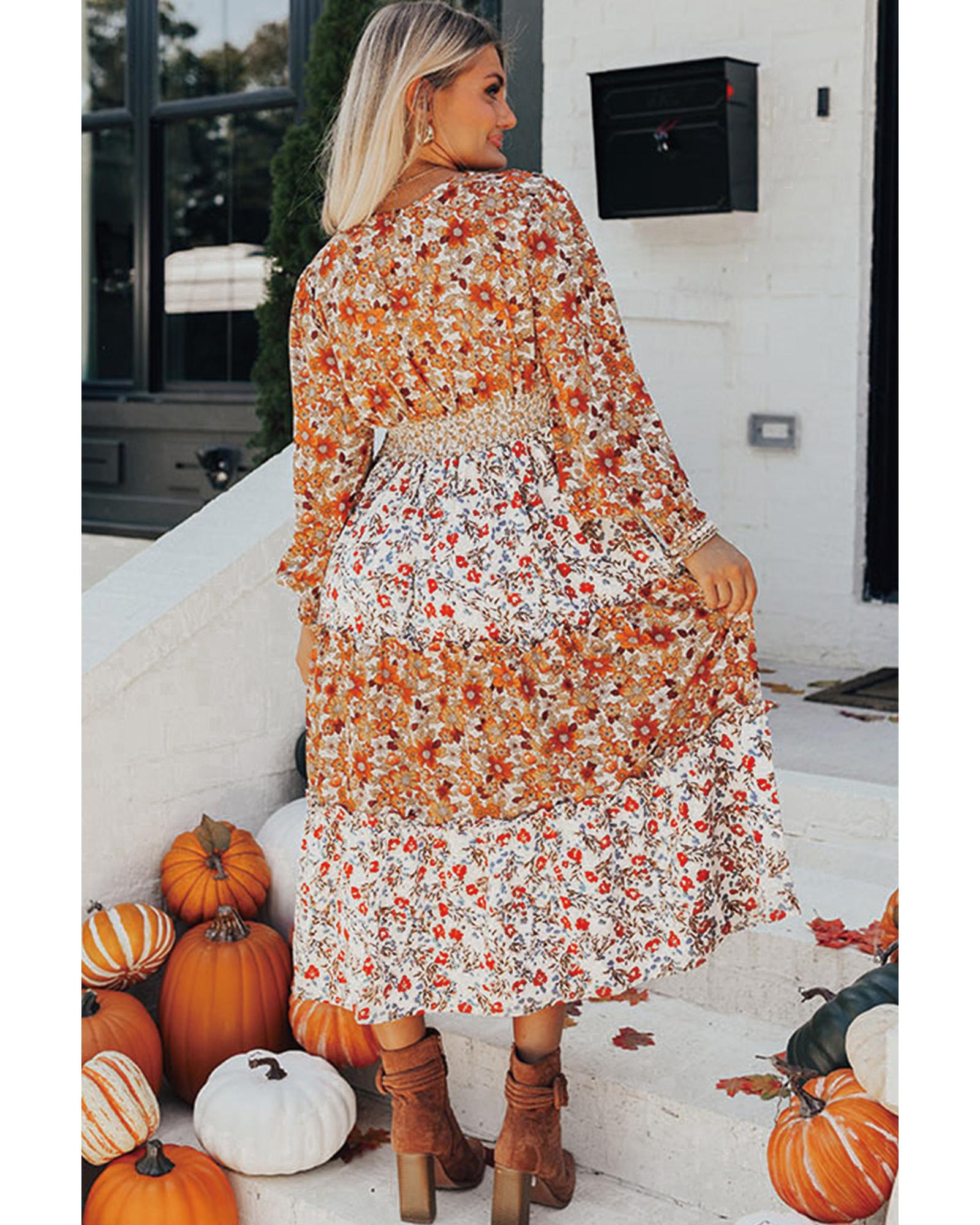Khaki Floral Print Ruffled Tiered Long Sleeve V Neck Midi Dress - XL 4