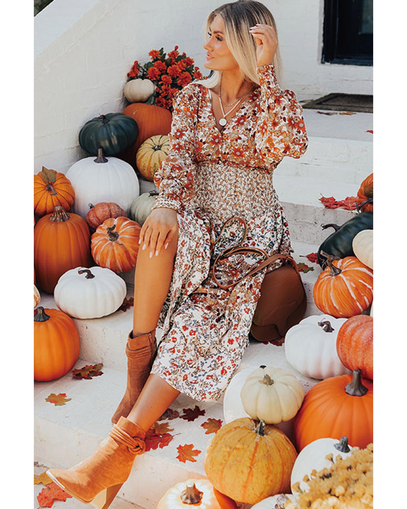 Khaki Floral Print Ruffled Tiered Long Sleeve V Neck Midi Dress - XL 5