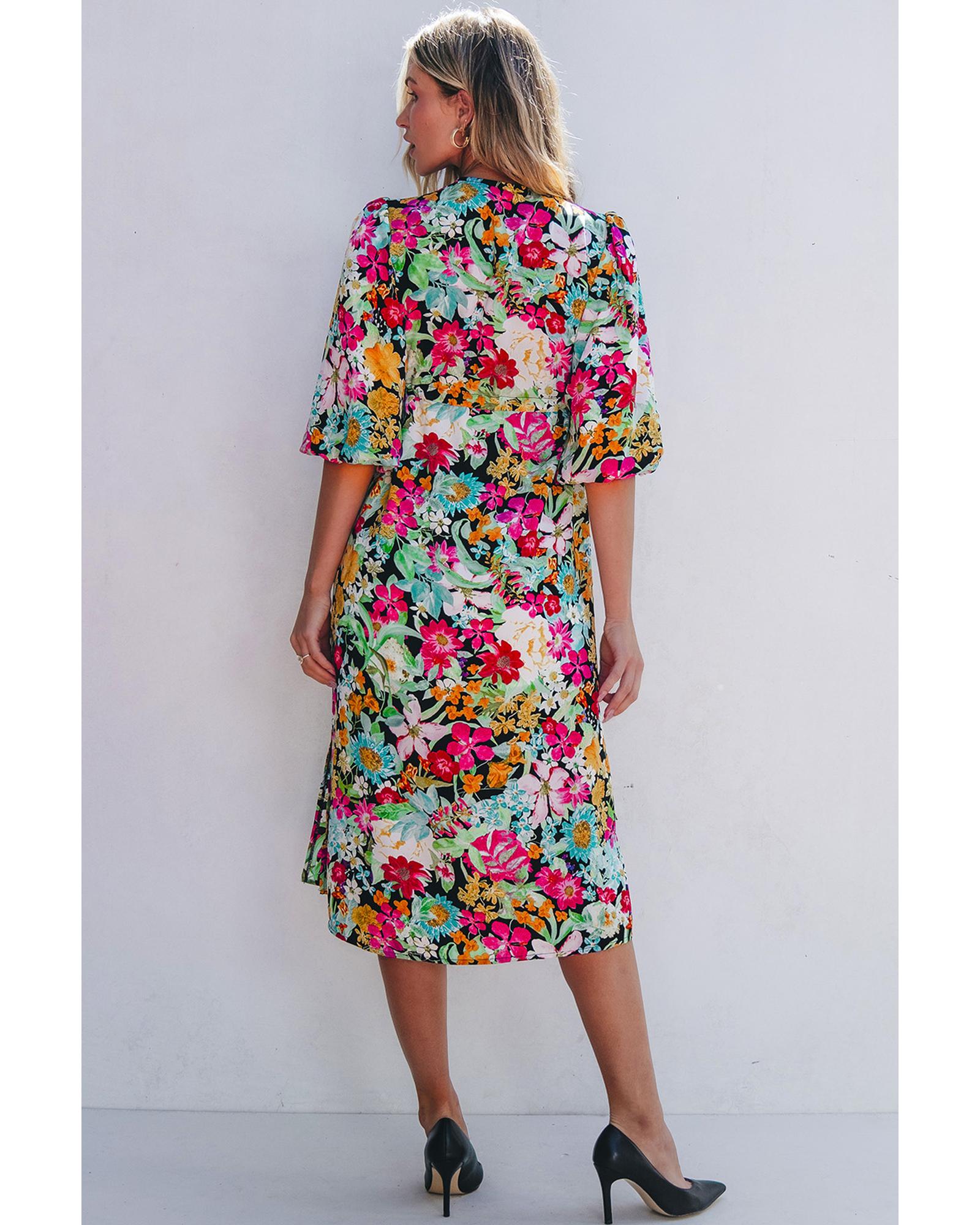 Green Floral Puff Sleeve V Neck Tassel Drawstring Dress - L 4
