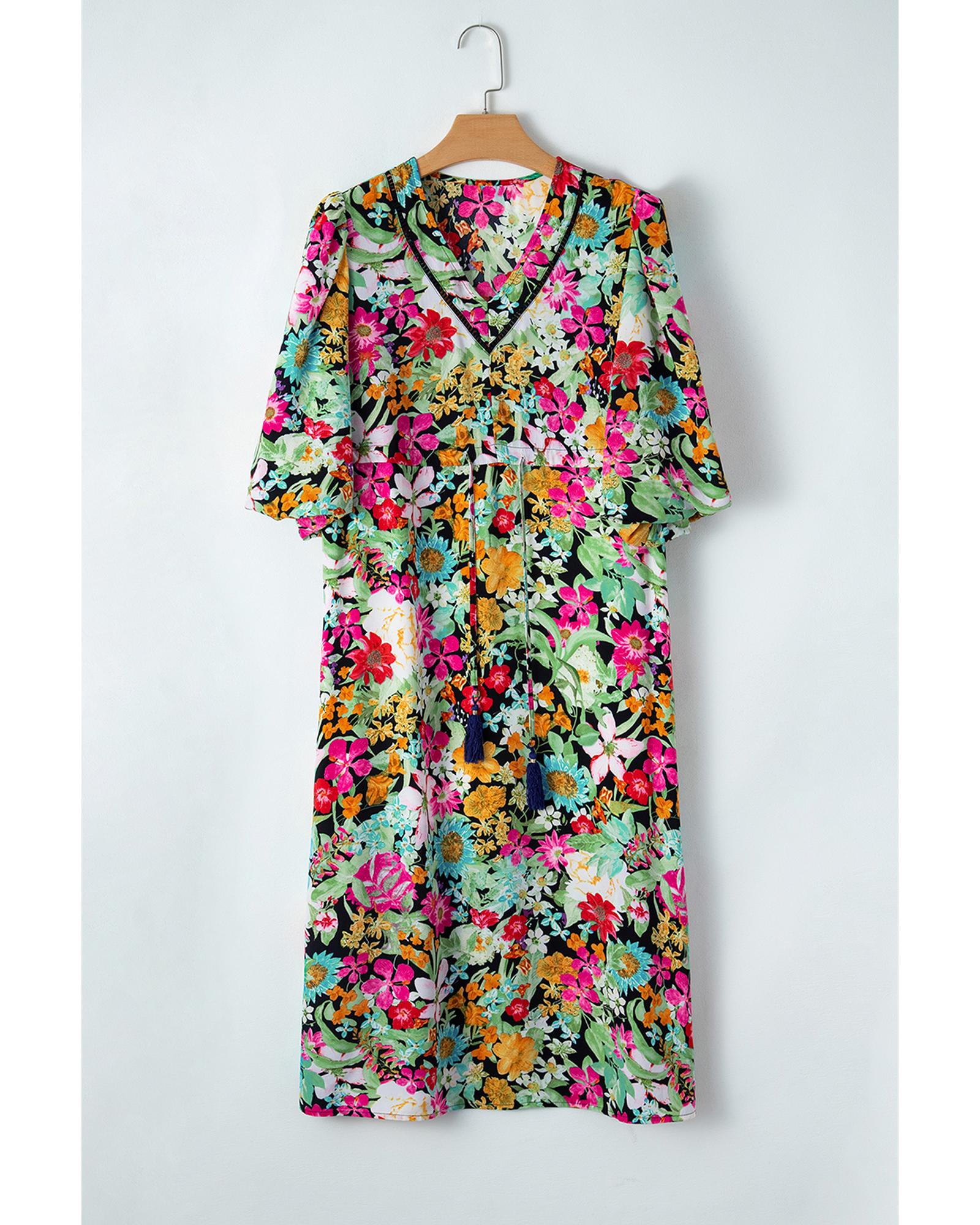 Green Floral Puff Sleeve V Neck Tassel Drawstring Dress - L 5