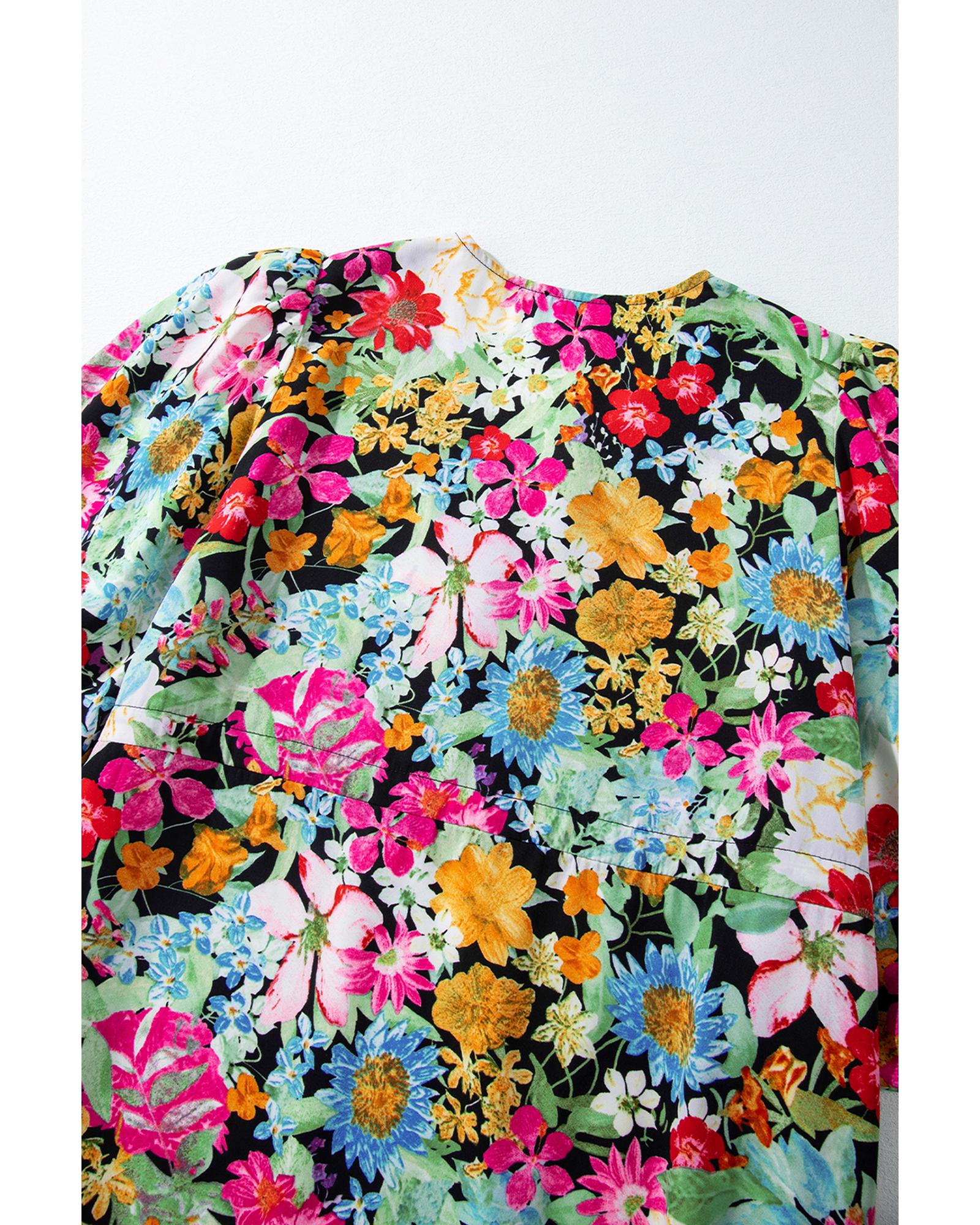 Green Floral Puff Sleeve V Neck Tassel Drawstring Dress - L 7