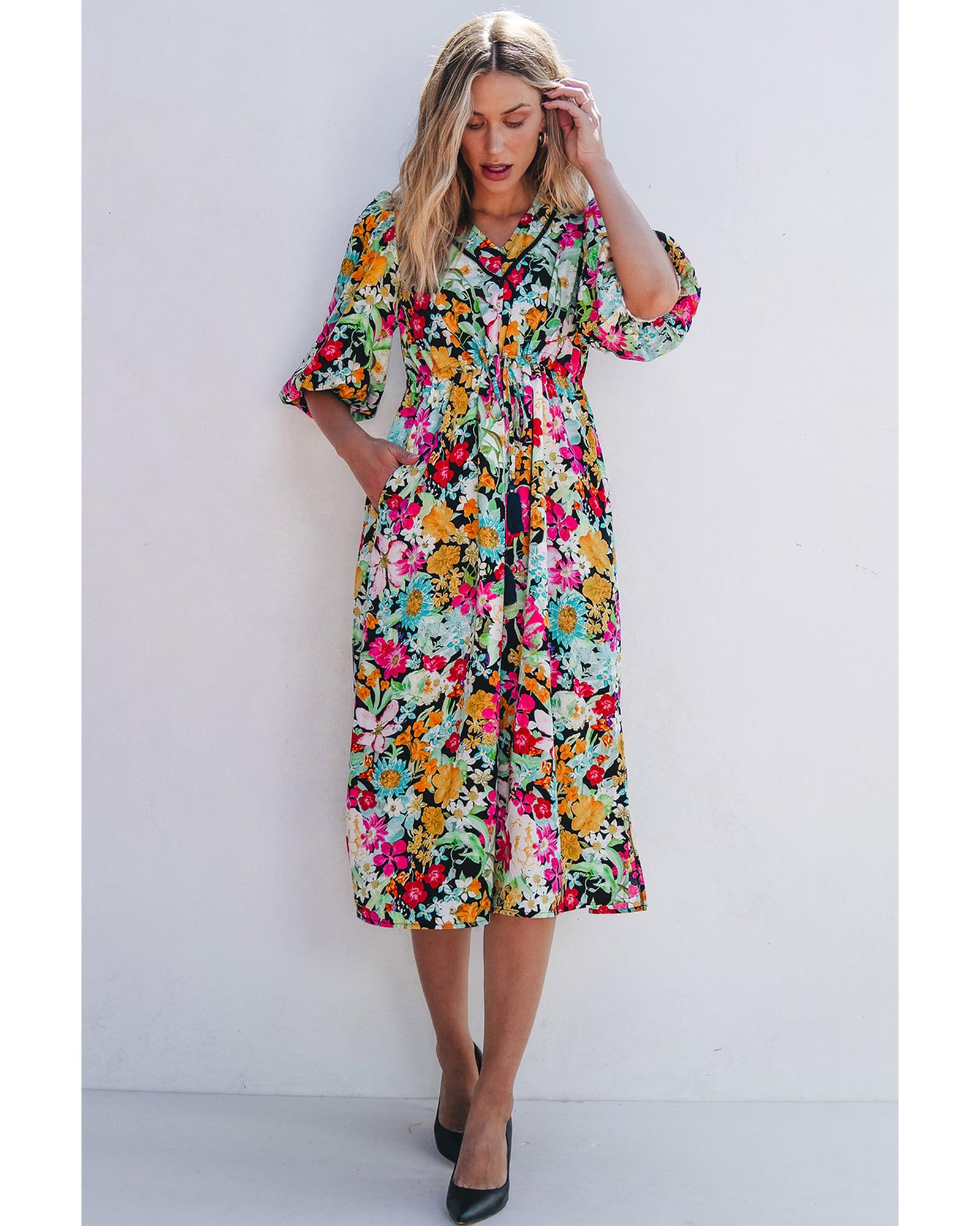 Green Floral Puff Sleeve V Neck Tassel Drawstring Dress - S 3