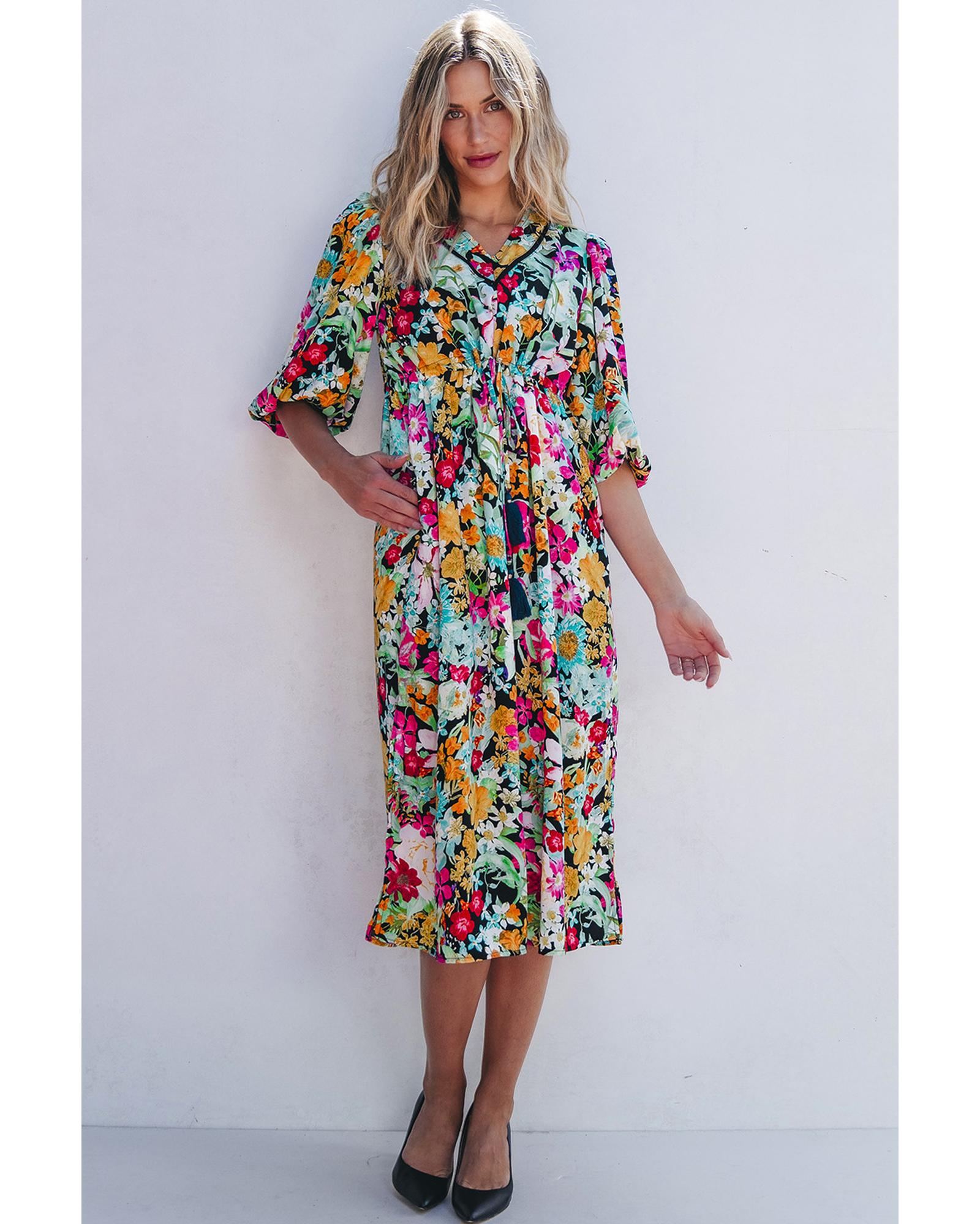 Green Floral Puff Sleeve V Neck Tassel Drawstring Dress - S 8
