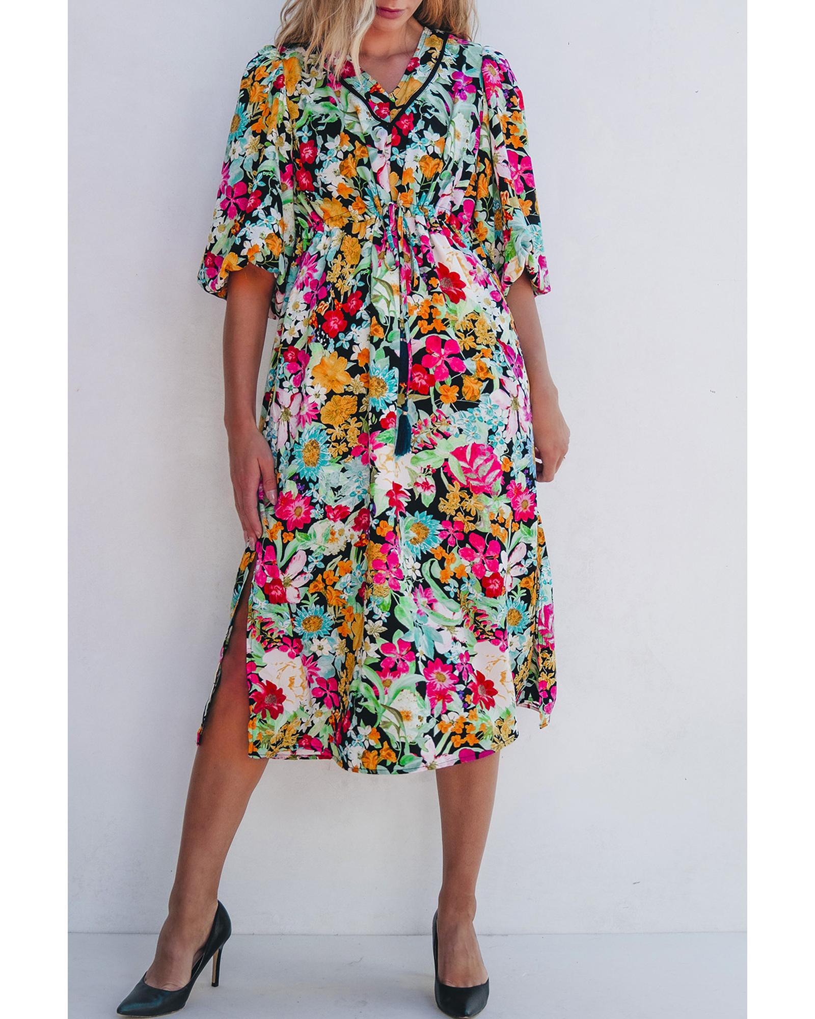 Green Floral Puff Sleeve V Neck Tassel Drawstring Dress - XL