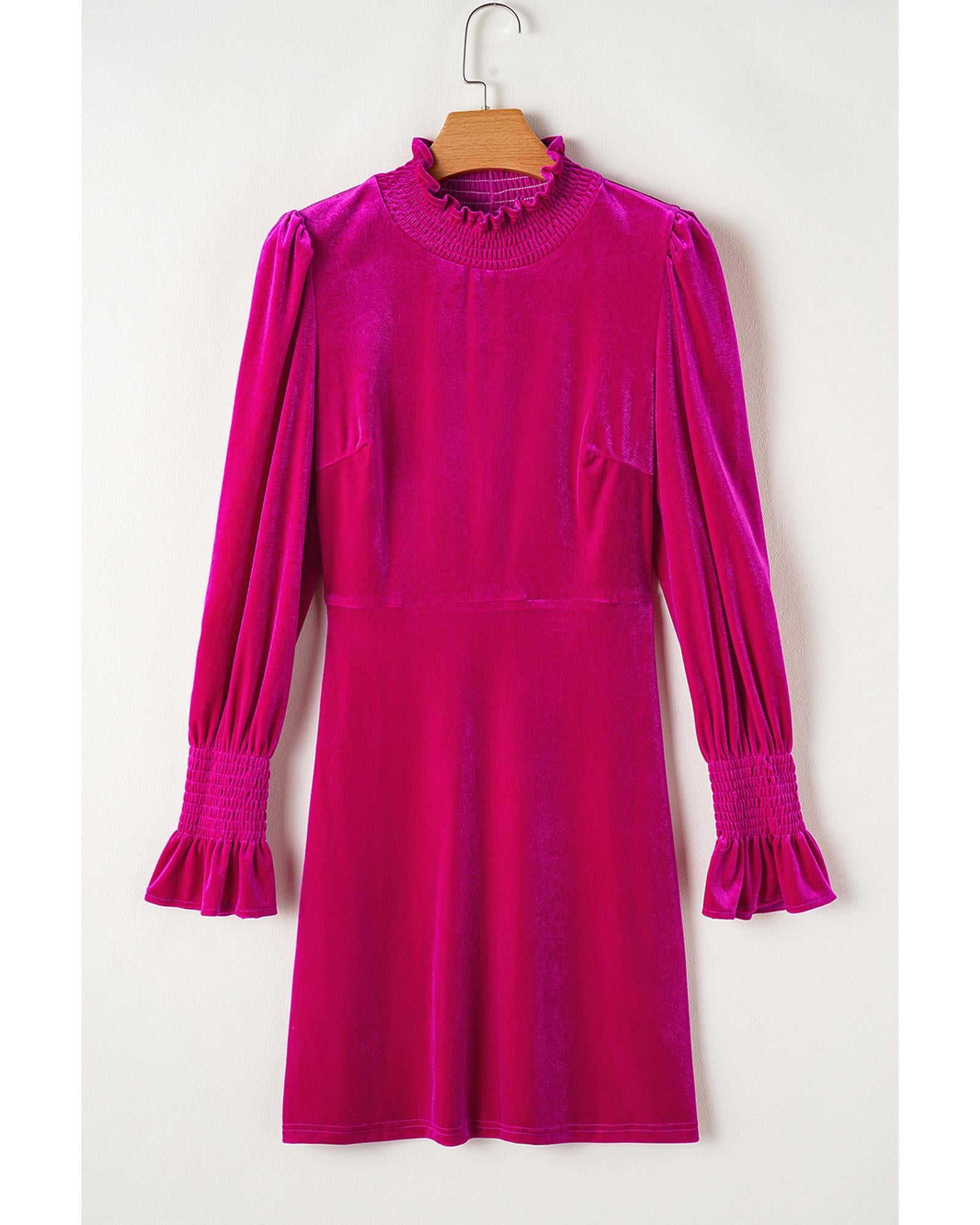 Rose Red Smocked Mock Neck Ruffled Puff Sleeve Velvet Mini Dress - XL