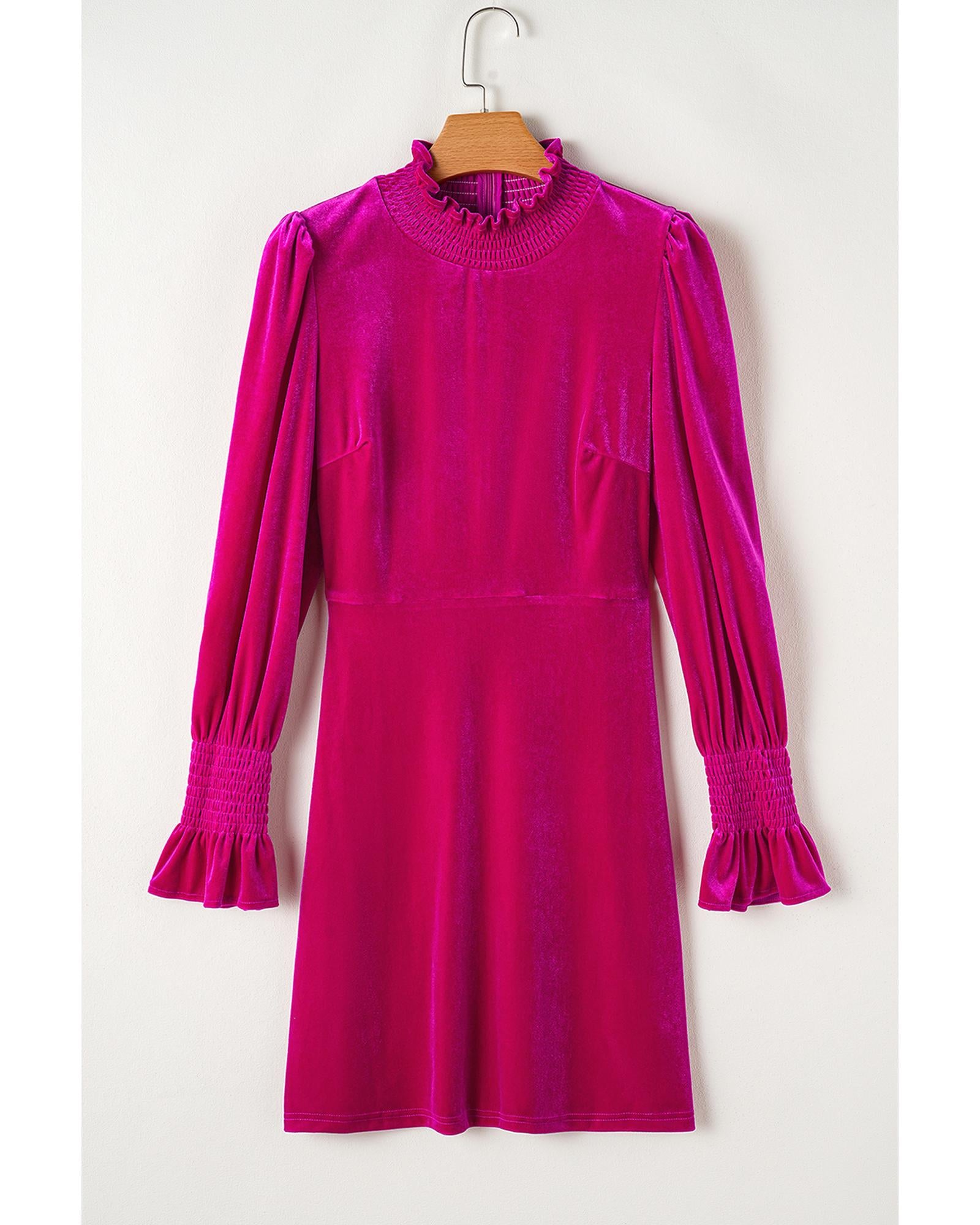 Rose Red Smocked Mock Neck Ruffled Puff Sleeve Velvet Mini Dress - XL 6