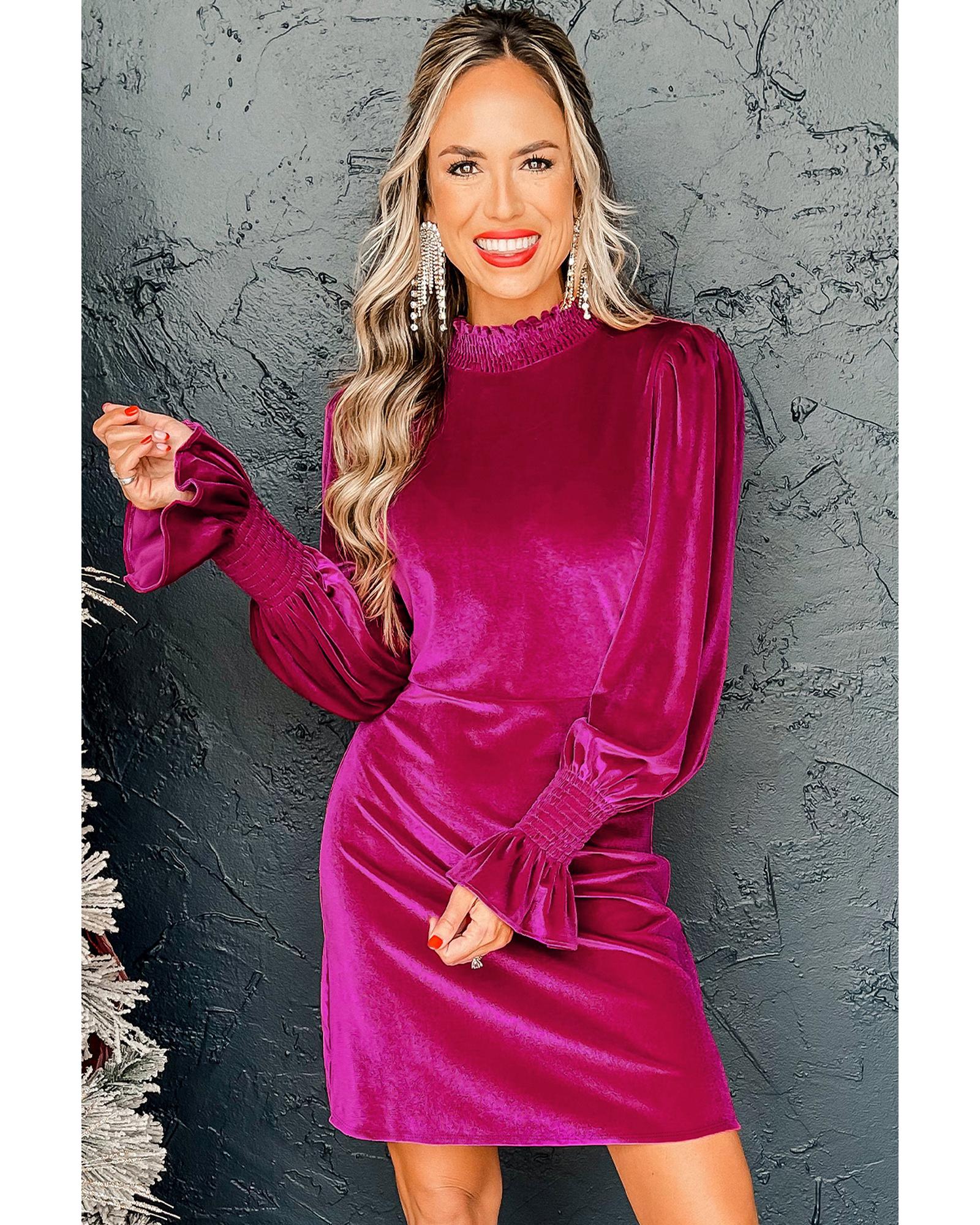 Rose Red Smocked Mock Neck Ruffled Puff Sleeve Velvet Mini Dress - XL 7