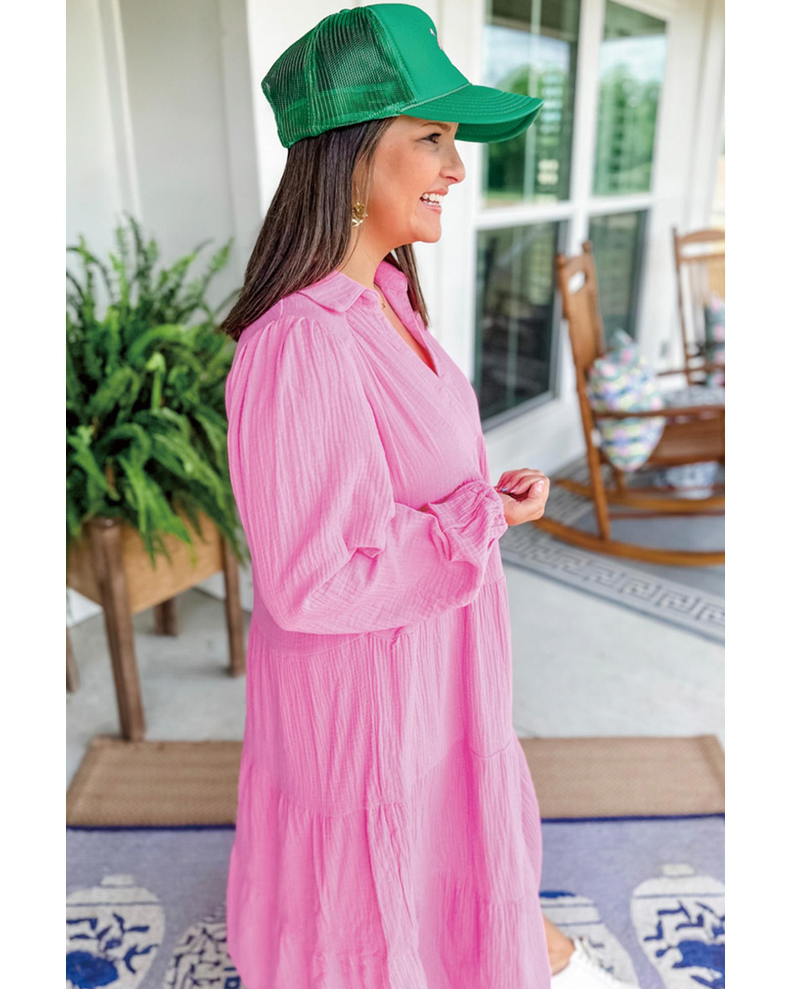 Bonbon Solid Collared V Neck Tiered Loose Fit Midi Dress - L 4