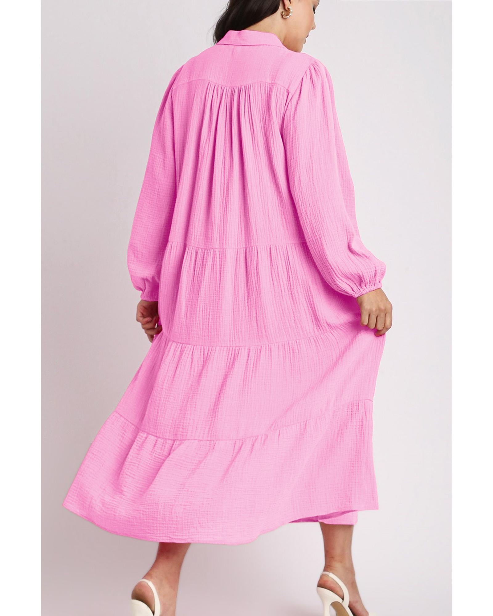 Bonbon Solid Collared V Neck Tiered Loose Fit Midi Dress - M 5