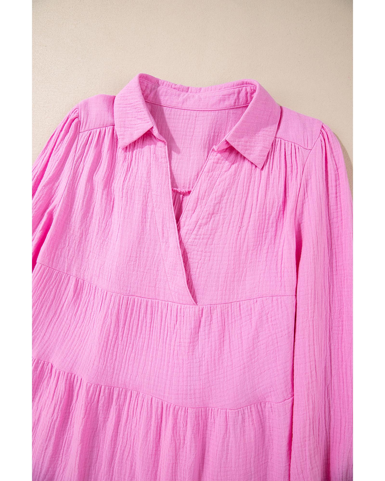 Bonbon Solid Collared V Neck Tiered Loose Fit Midi Dress - M 6