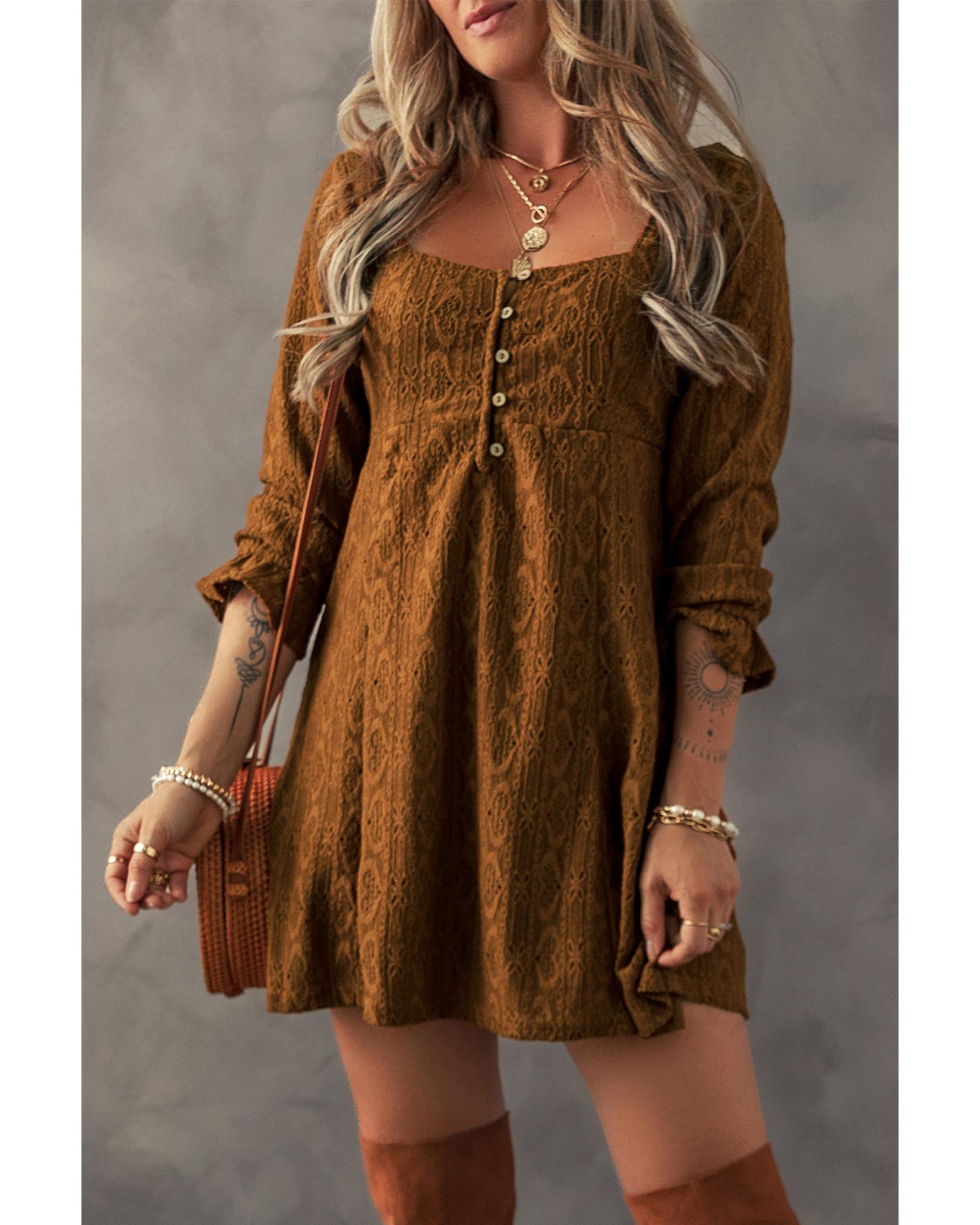Chestnut Lace Crochet Buttoned Square Neck Shift Mini Dress - M