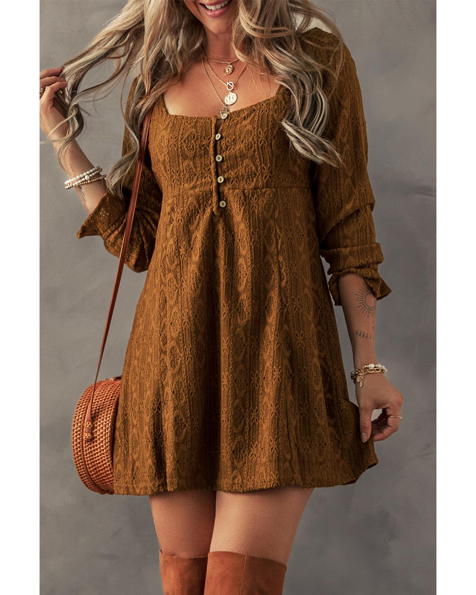 Chestnut Lace Crochet Buttoned Square Neck Shift Mini Dress - M