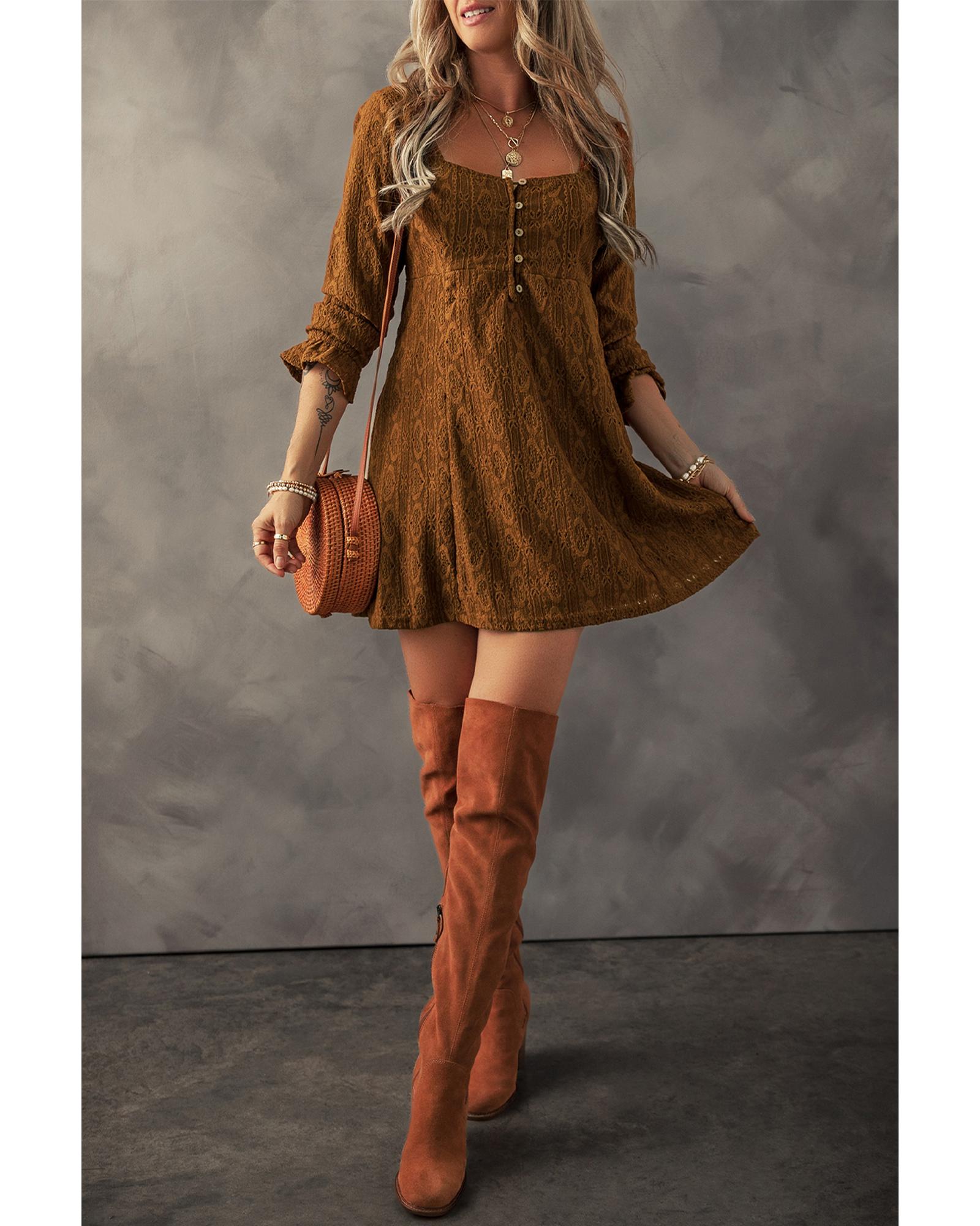Chestnut Lace Crochet Buttoned Square Neck Shift Mini Dress - M 3
