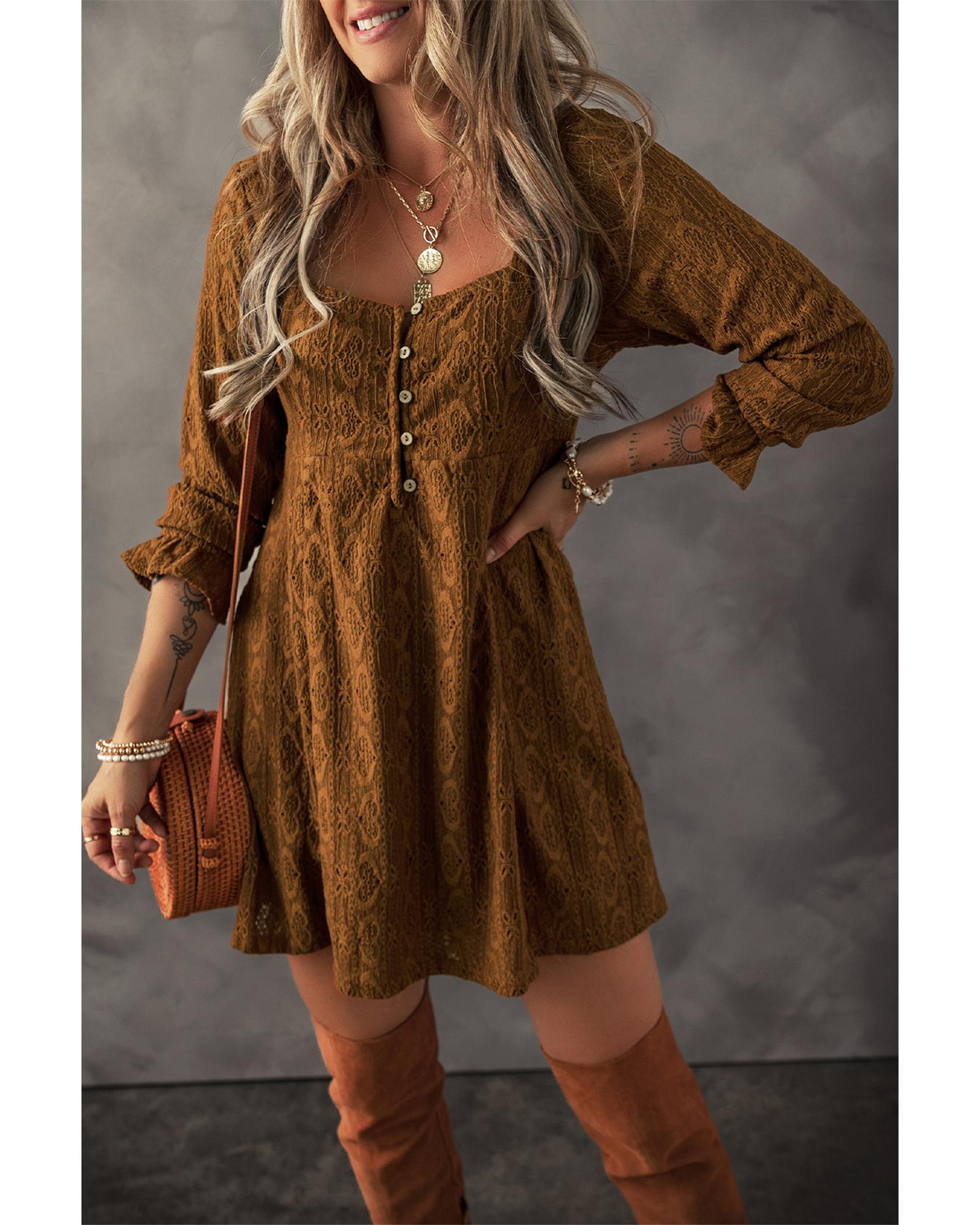 Chestnut Lace Crochet Buttoned Square Neck Shift Mini Dress - M 4
