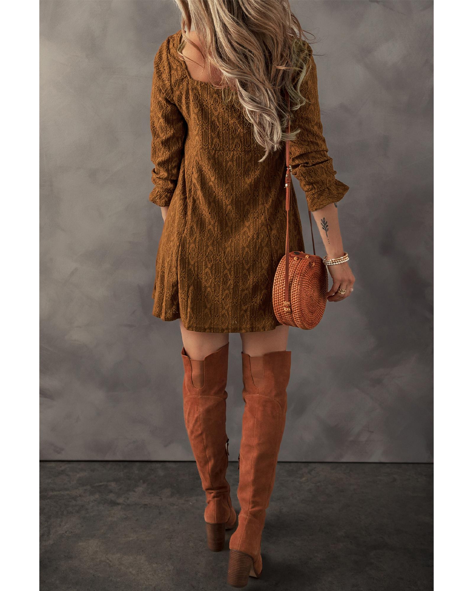 Chestnut Lace Crochet Buttoned Square Neck Shift Mini Dress - M 6