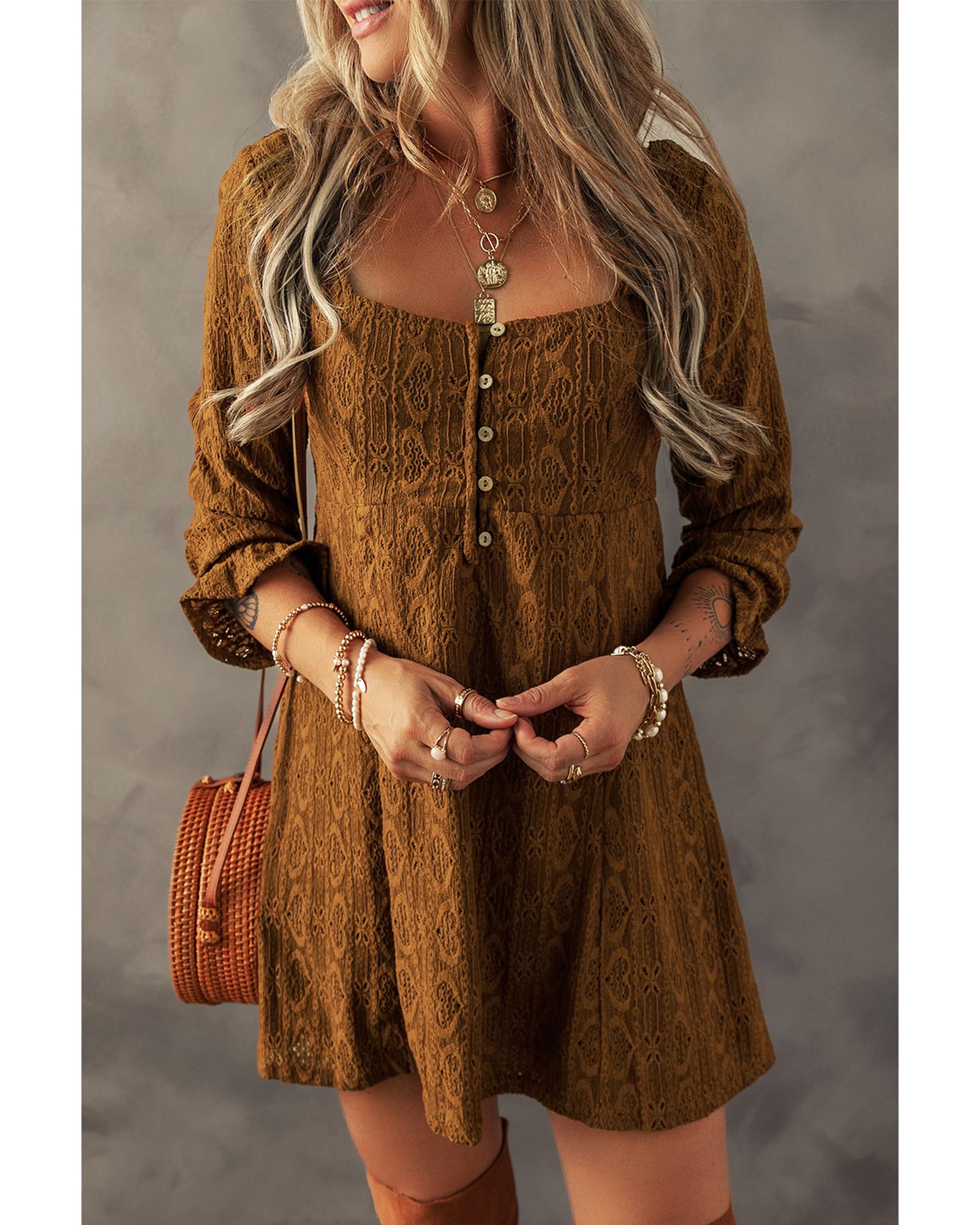 Chestnut Lace Crochet Buttoned Square Neck Shift Mini Dress - M 7
