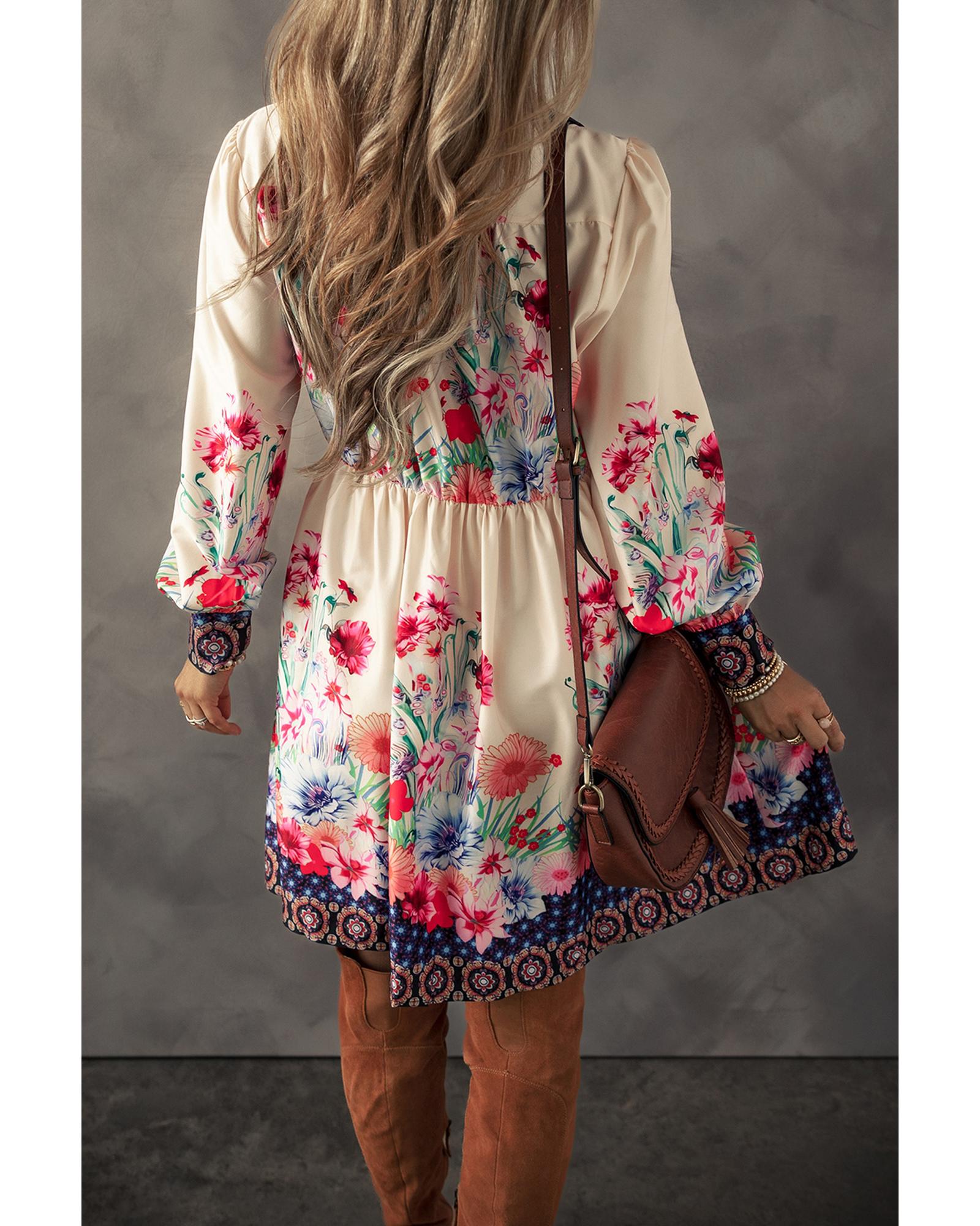 Apricot Floral Print Buttoned High Waist Shirt Mini Dress - XL