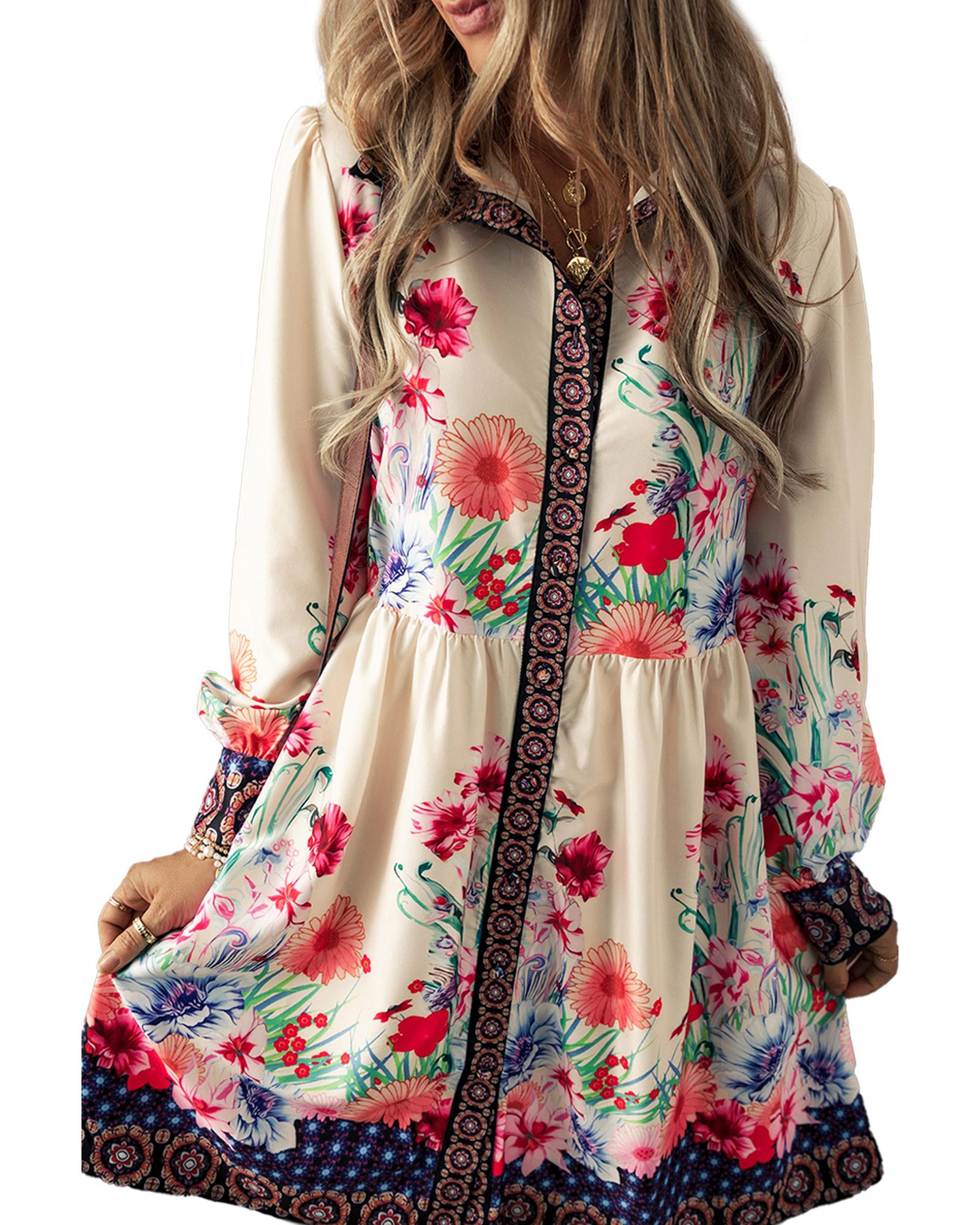 Apricot Floral Print Buttoned High Waist Shirt Mini Dress - XL