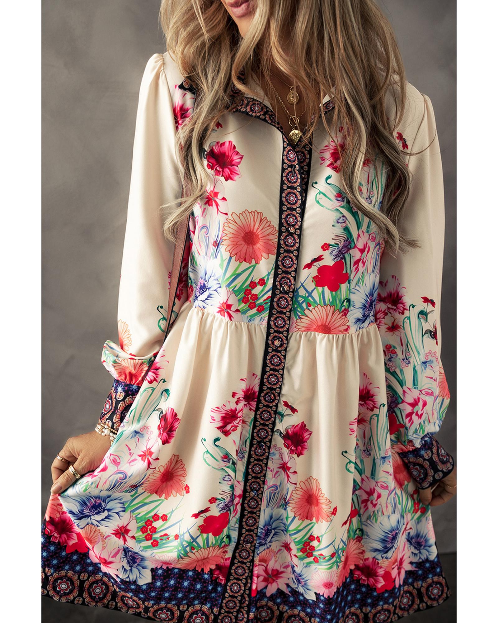 Apricot Floral Print Buttoned High Waist Shirt Mini Dress - XL 3