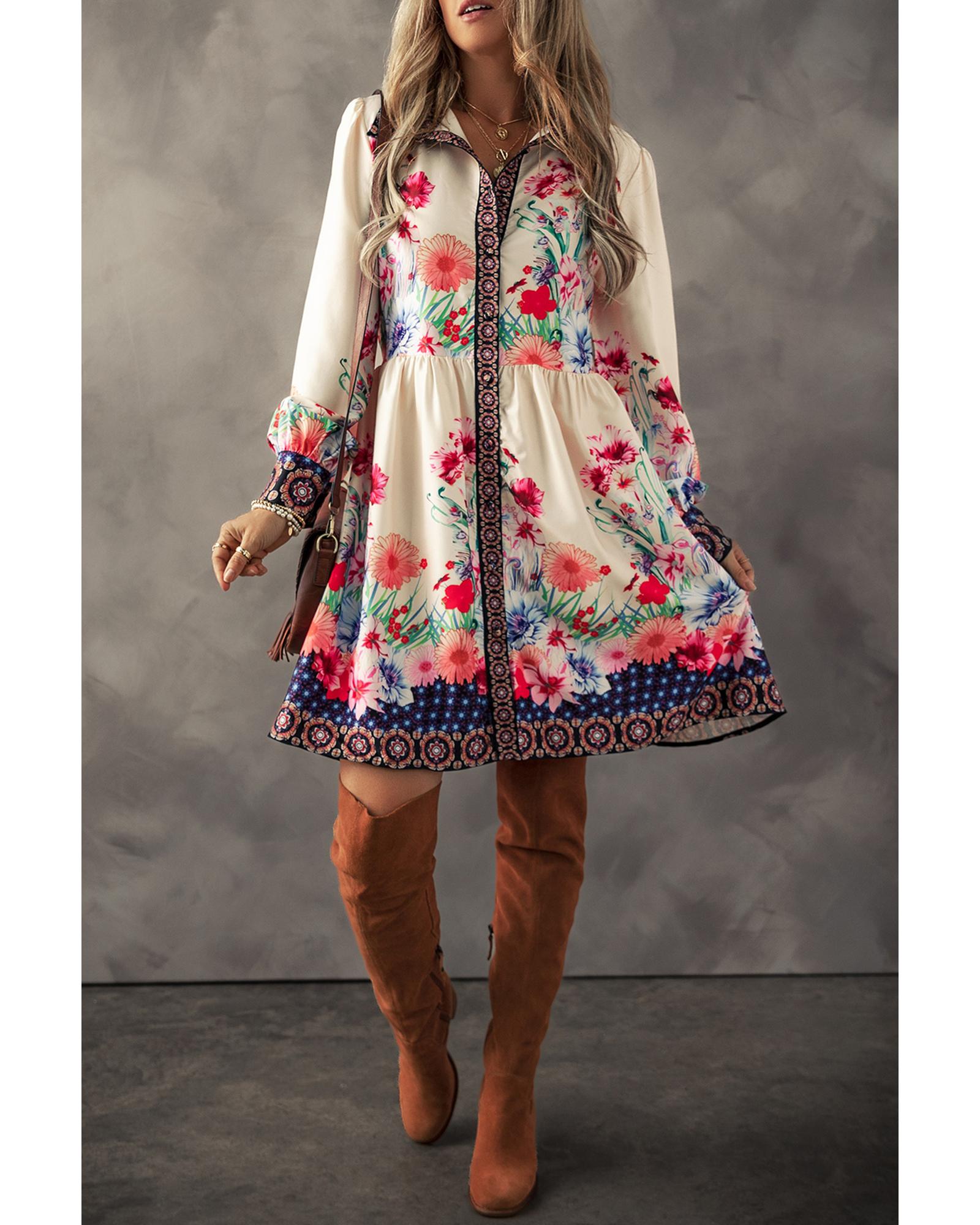 Apricot Floral Print Buttoned High Waist Shirt Mini Dress - XL 4