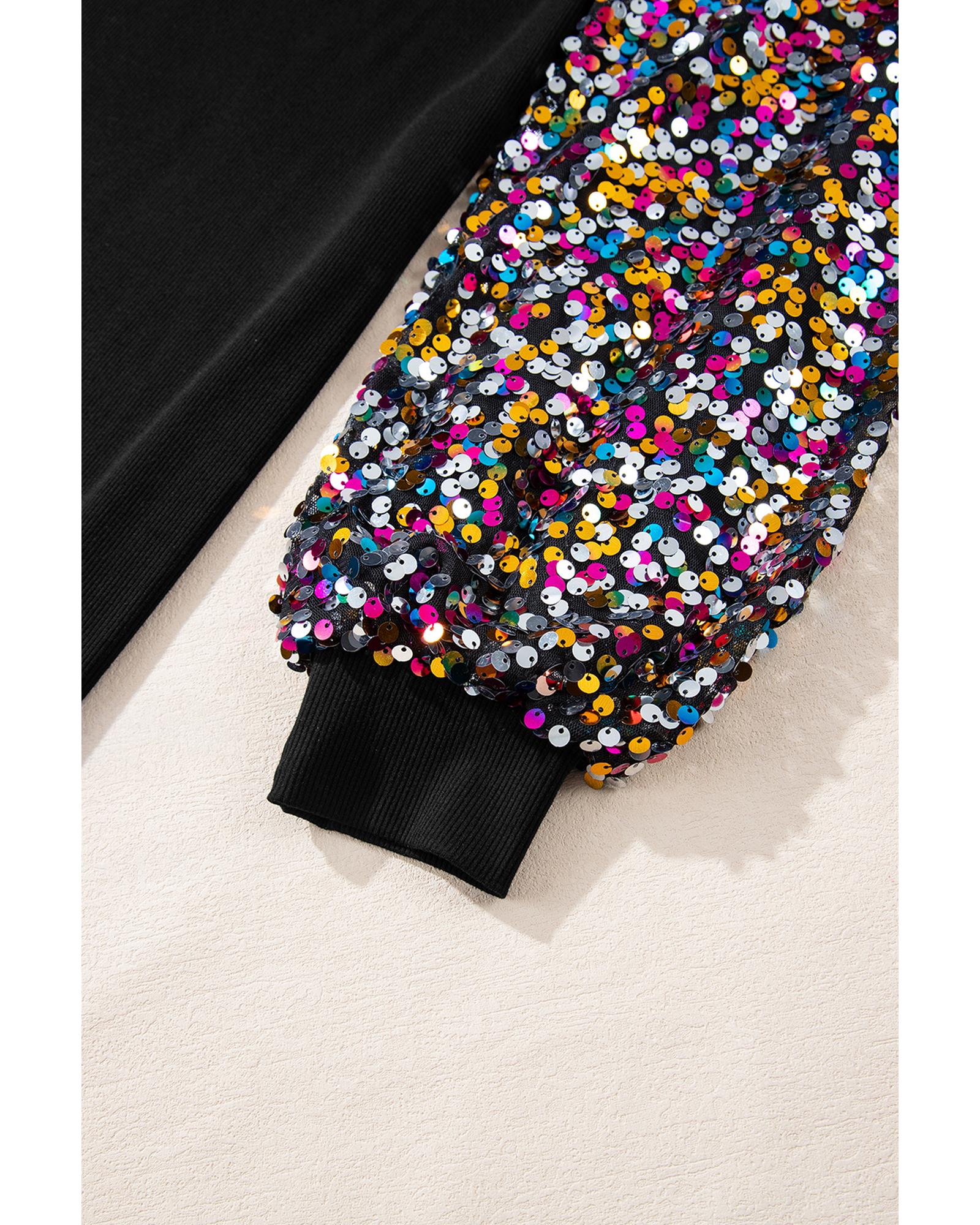 Black Sequin Bishop Sleeve U Neck Mini Sweater Dress - M 7
