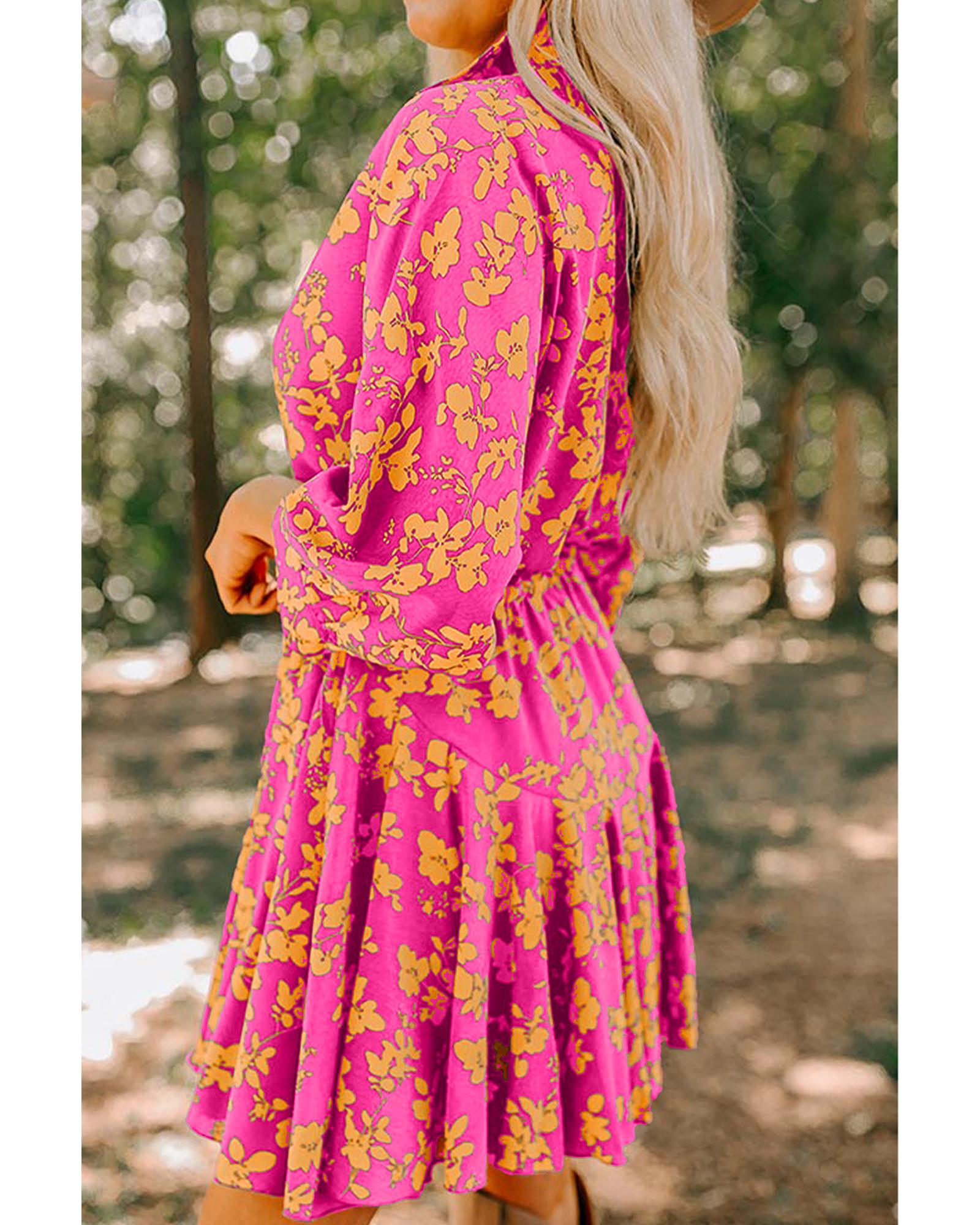 Pink Floral Print Drawstring Tunic Flowy Short Dress - L