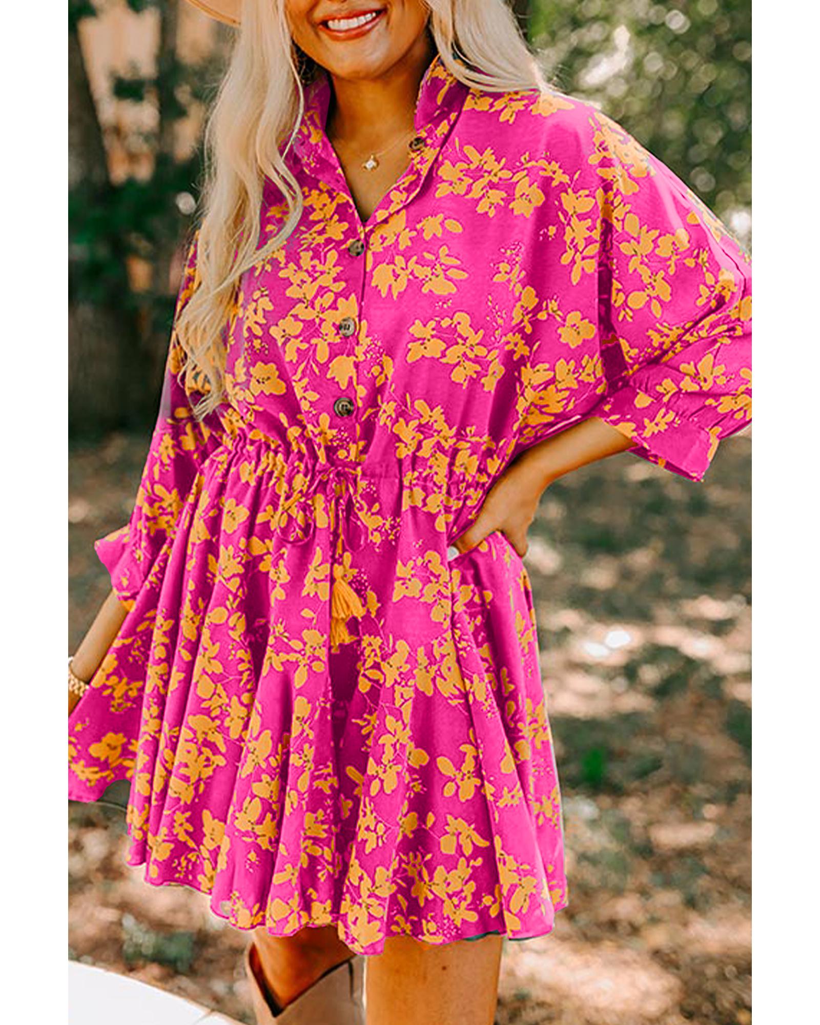 Pink Floral Print Drawstring Tunic Flowy Short Dress - L 5