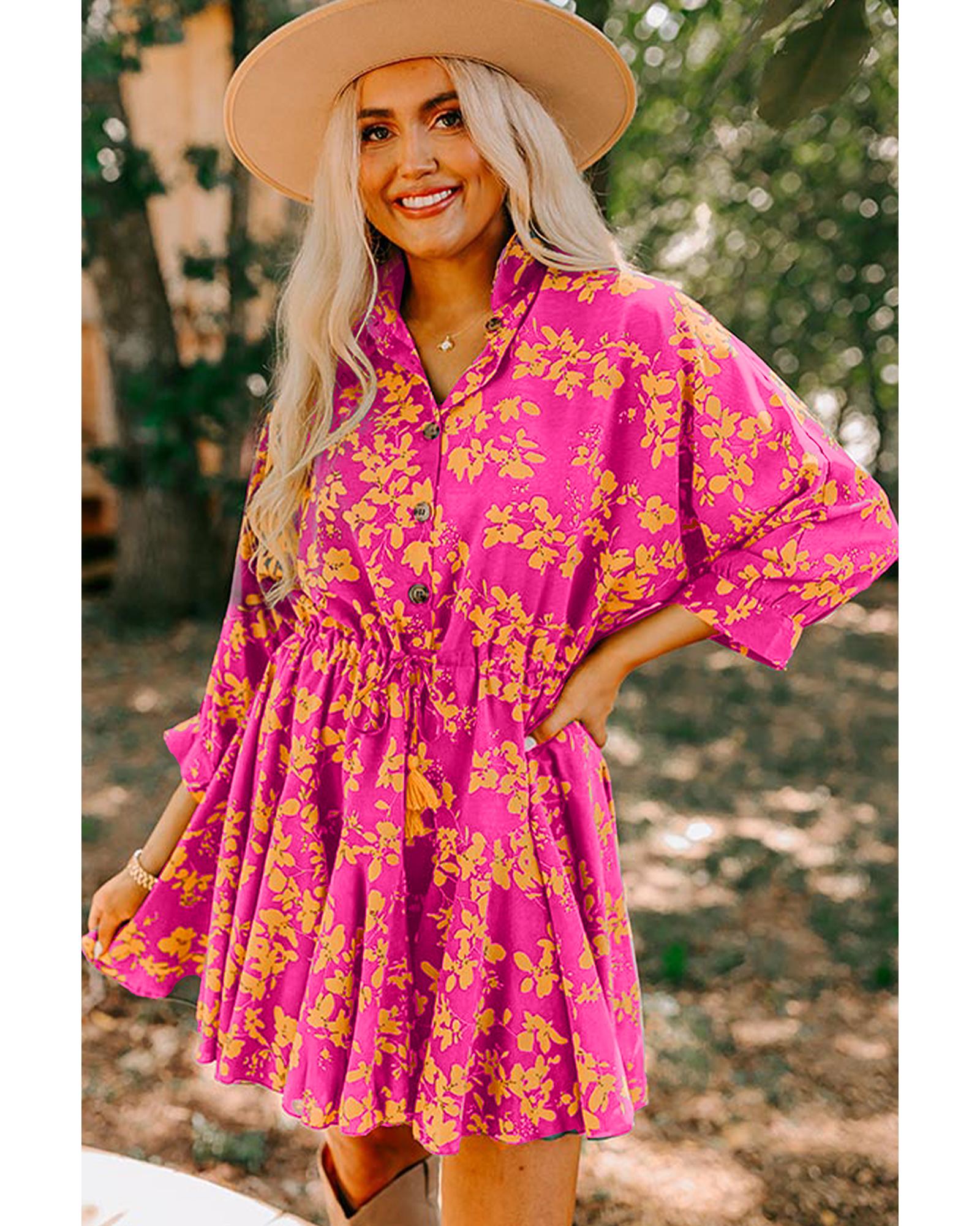 Pink Floral Print Drawstring Tunic Flowy Short Dress - S 3