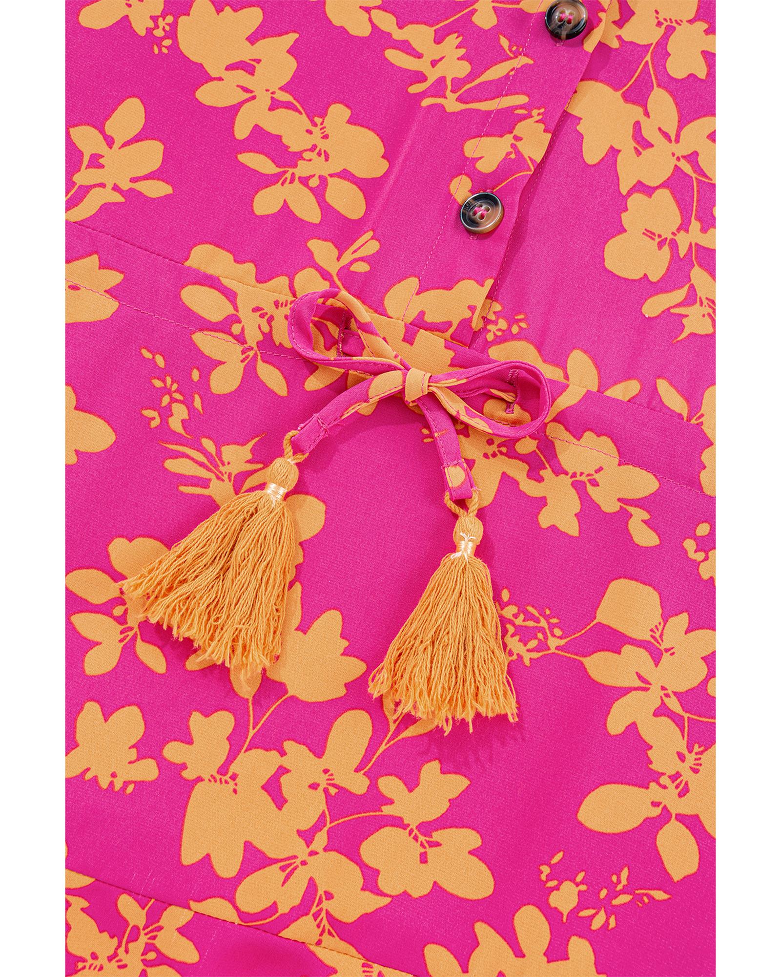 Pink Floral Print Drawstring Tunic Flowy Short Dress - XL 4