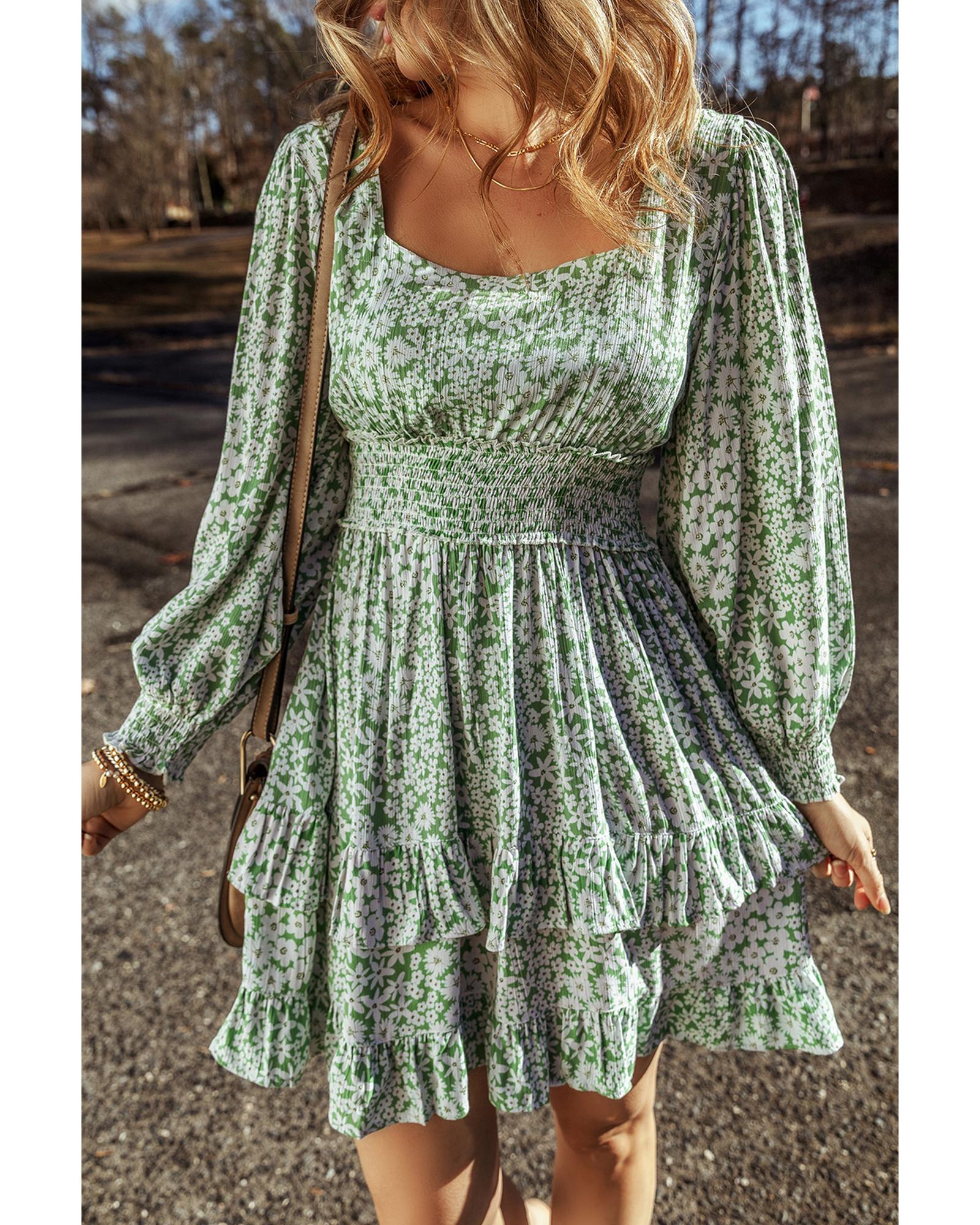 Green Floral Print Square Neck Shirred Waist Tiered Ruffled Mini Dress - M