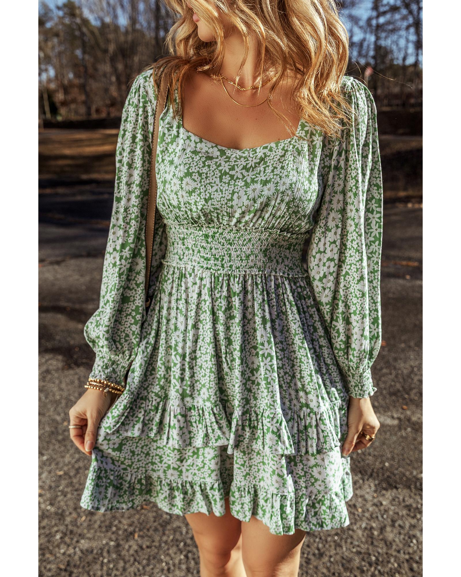 Green Floral Print Square Neck Shirred Waist Tiered Ruffled Mini Dress - M 3