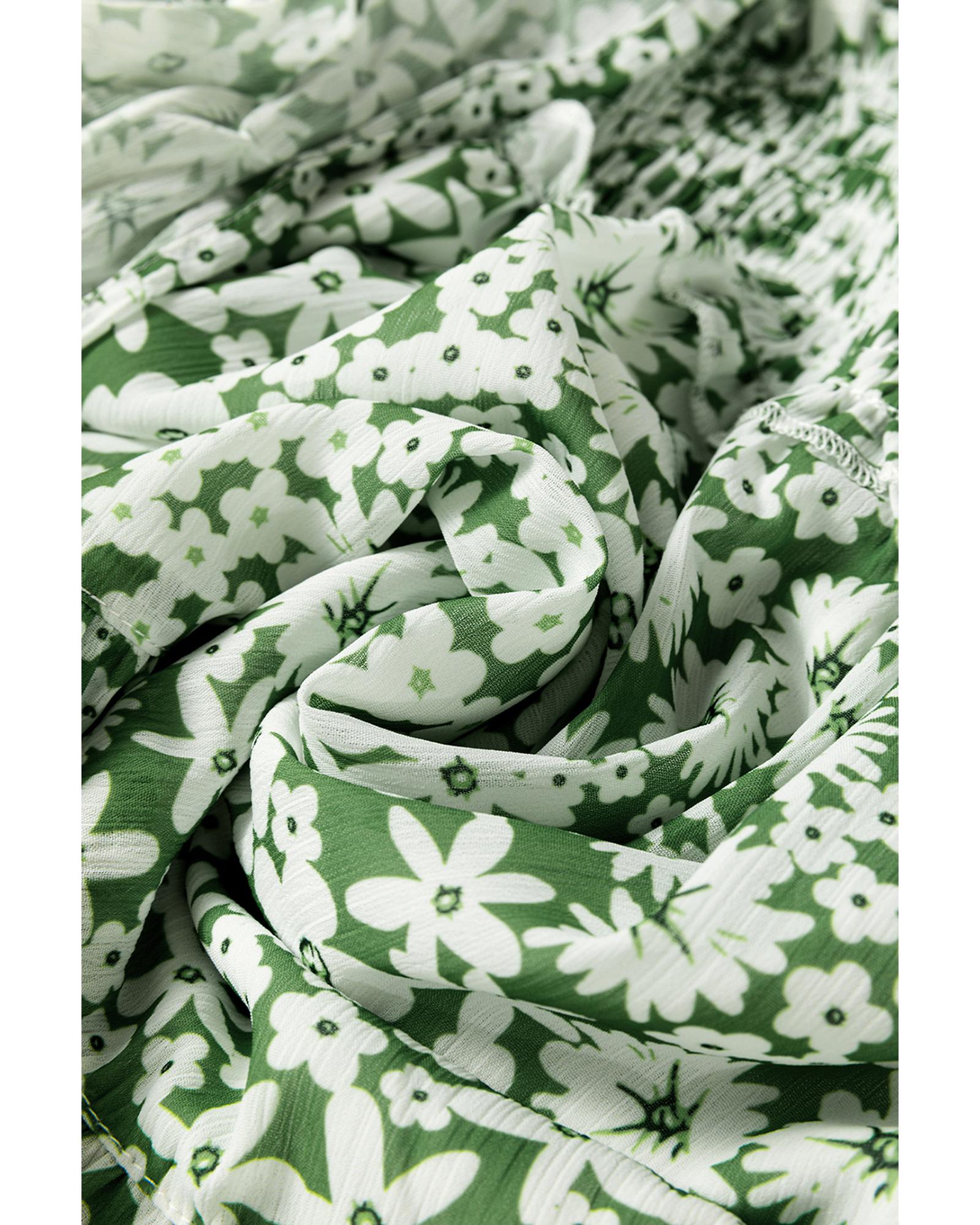 Green Floral Print Square Neck Shirred Waist Tiered Ruffled Mini Dress - M 8