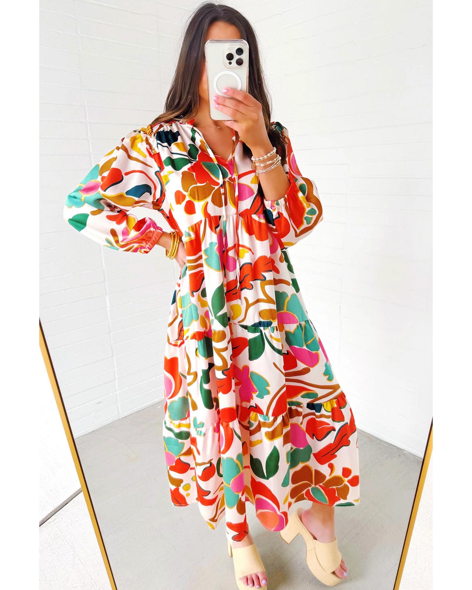 Orange Floral Print Split V Neck Tiered Maxi Dress - M 6