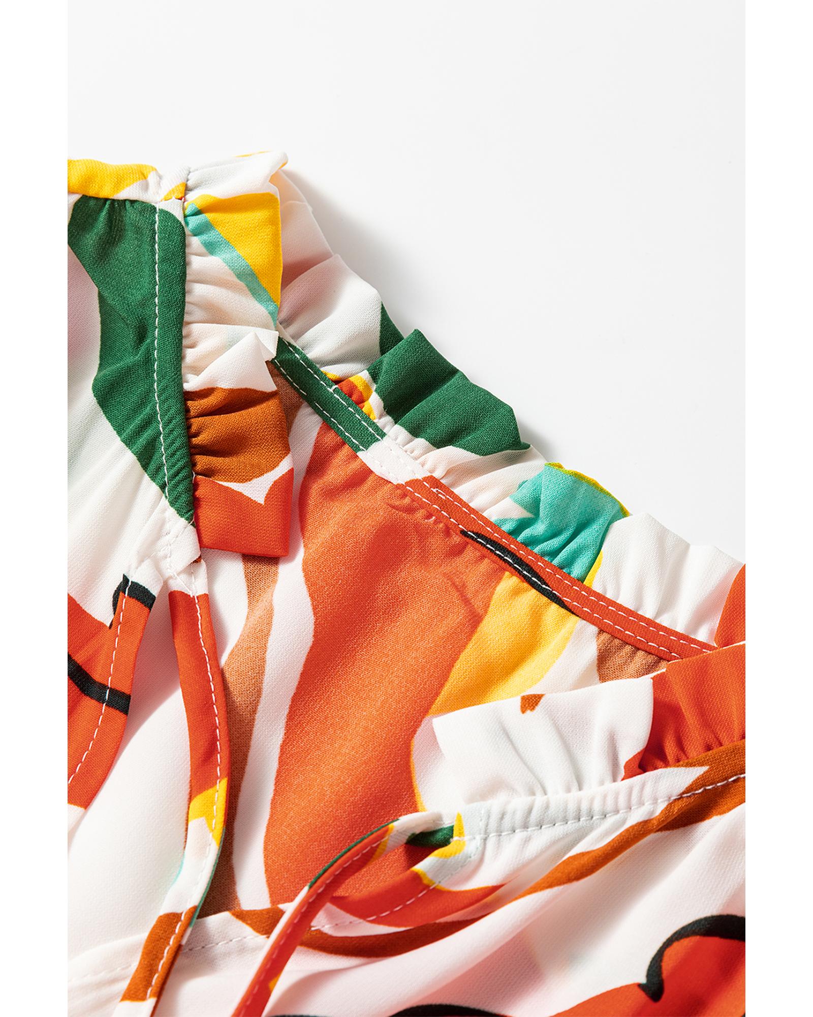 Orange Floral Print Split V Neck Tiered Maxi Dress - S