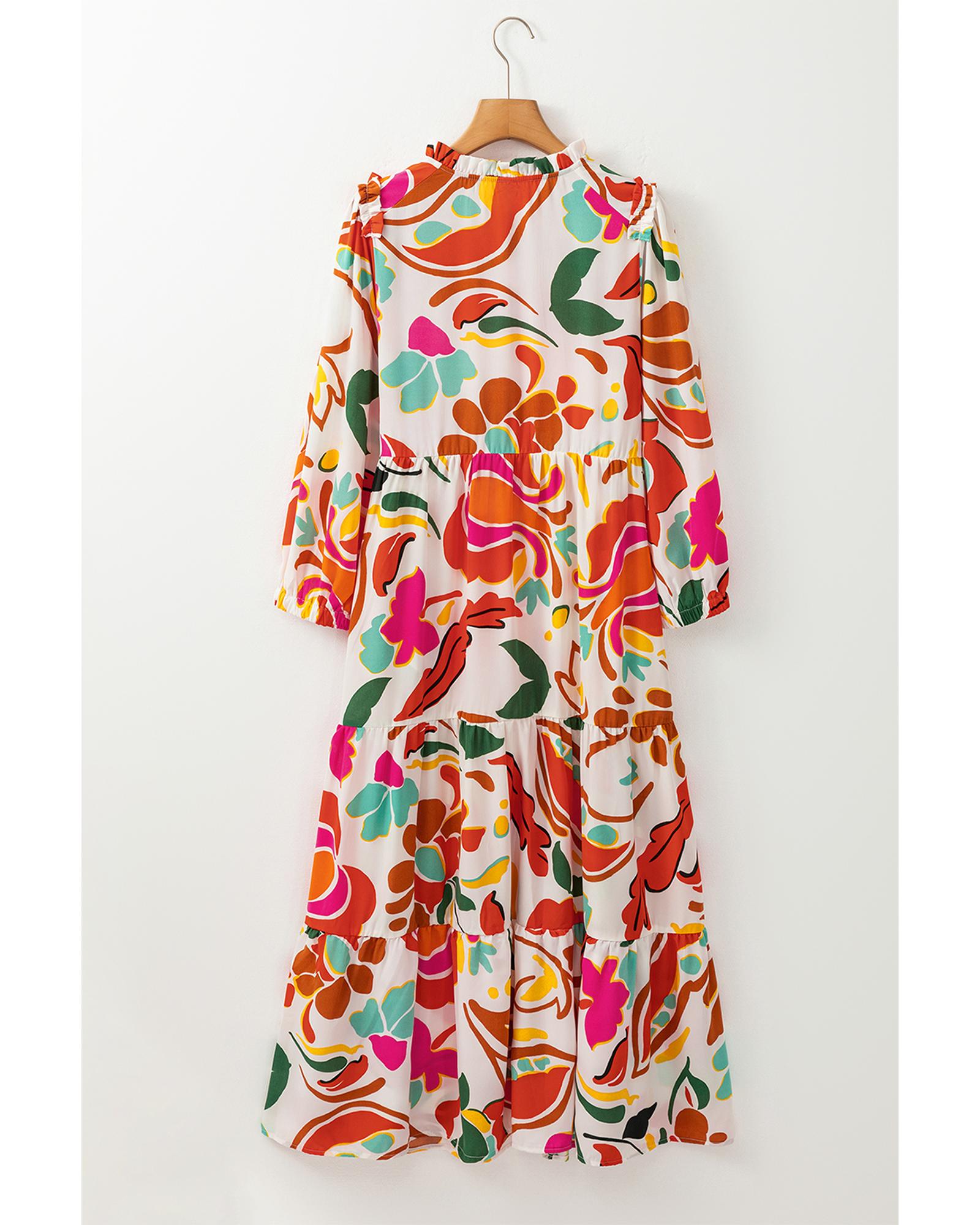 Orange Floral Print Split V Neck Tiered Maxi Dress - S 4