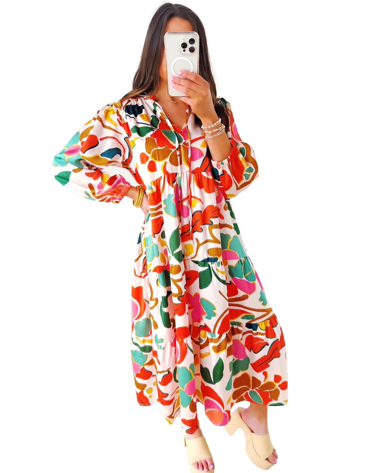 Orange Floral Print Split V Neck Tiered Maxi Dress - S 8