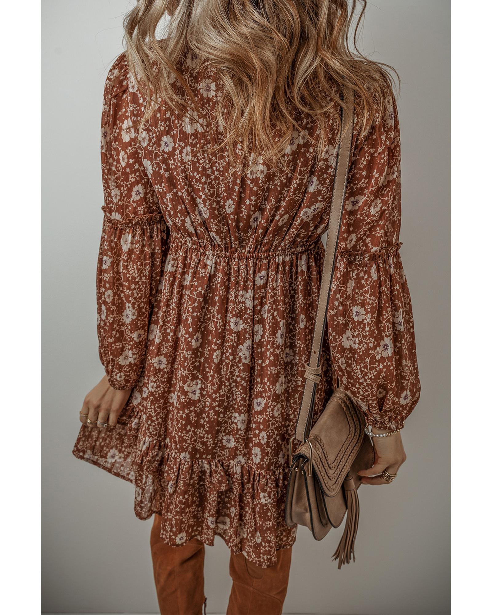 Brown Boho Floral Ruffled Puff Sleeve V Neck Mini Dress - S 4