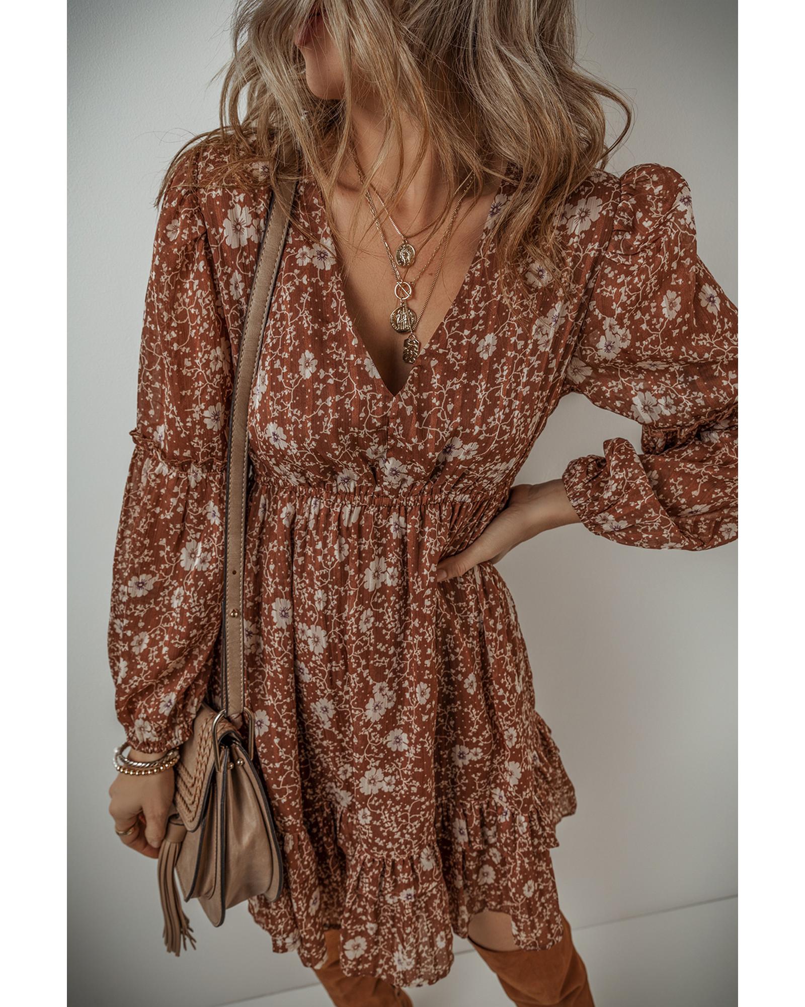 Brown Boho Floral Ruffled Puff Sleeve V Neck Mini Dress - S 5