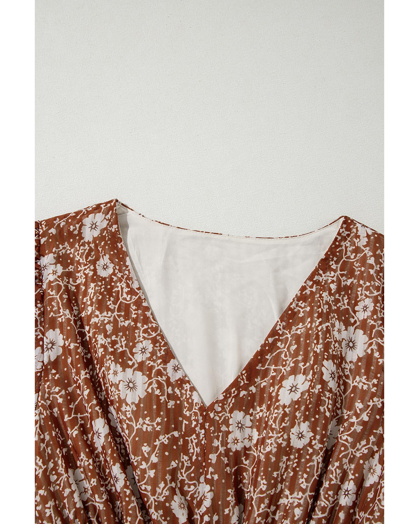 Brown Boho Floral Ruffled Puff Sleeve V Neck Mini Dress - S 7
