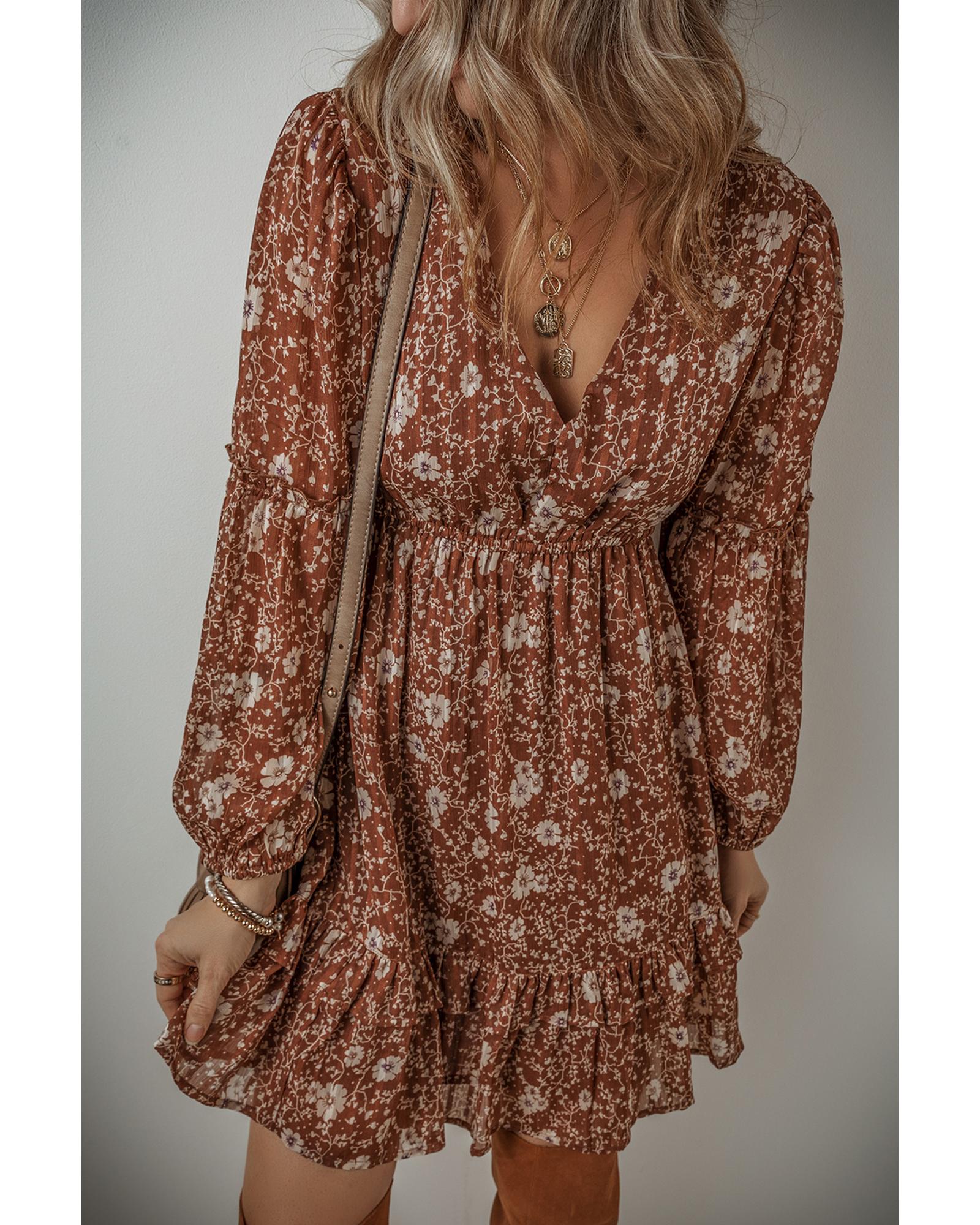 Brown Boho Floral Ruffled Puff Sleeve V Neck Mini Dress - XL 3