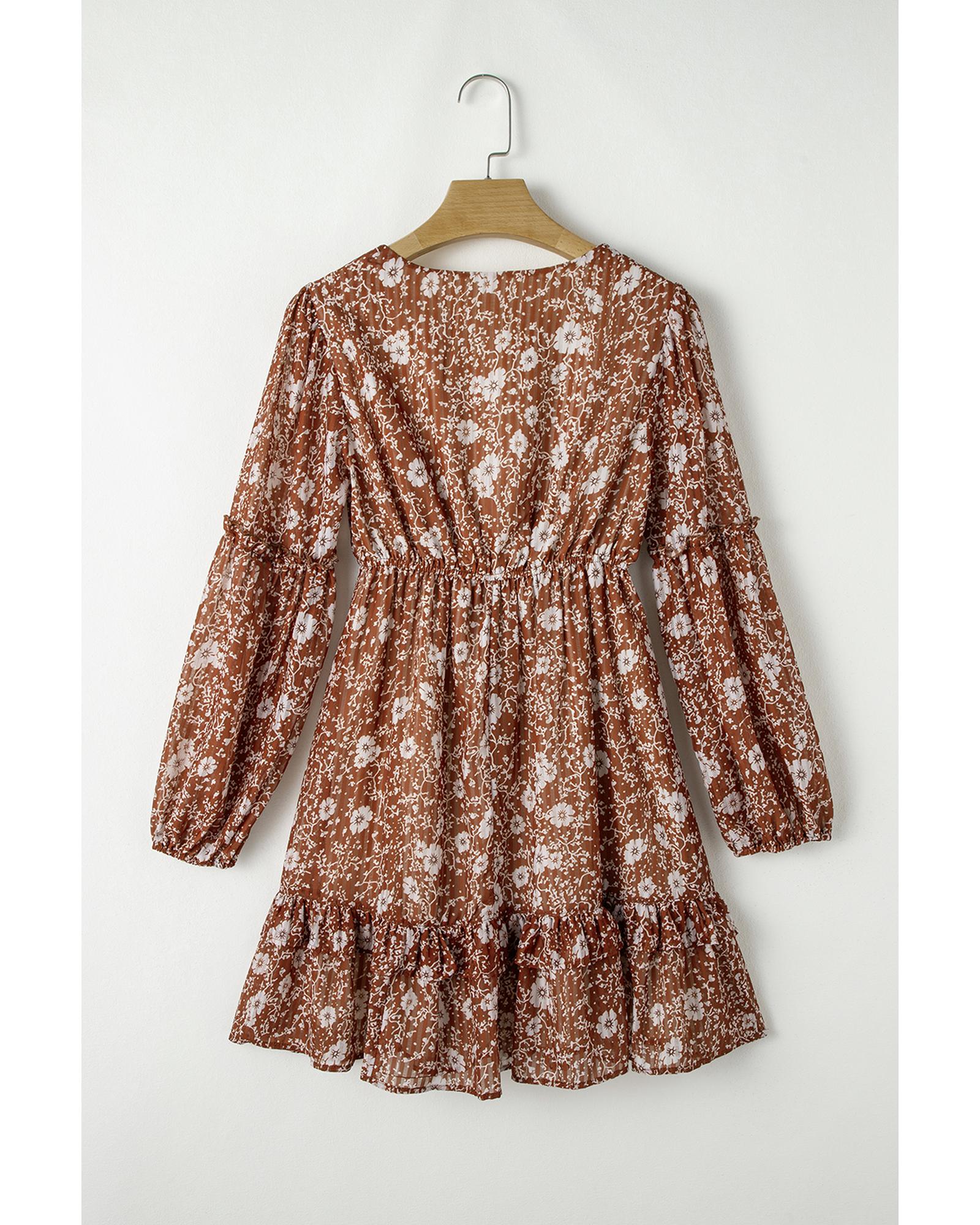 Brown Boho Floral Ruffled Puff Sleeve V Neck Mini Dress - XL 6