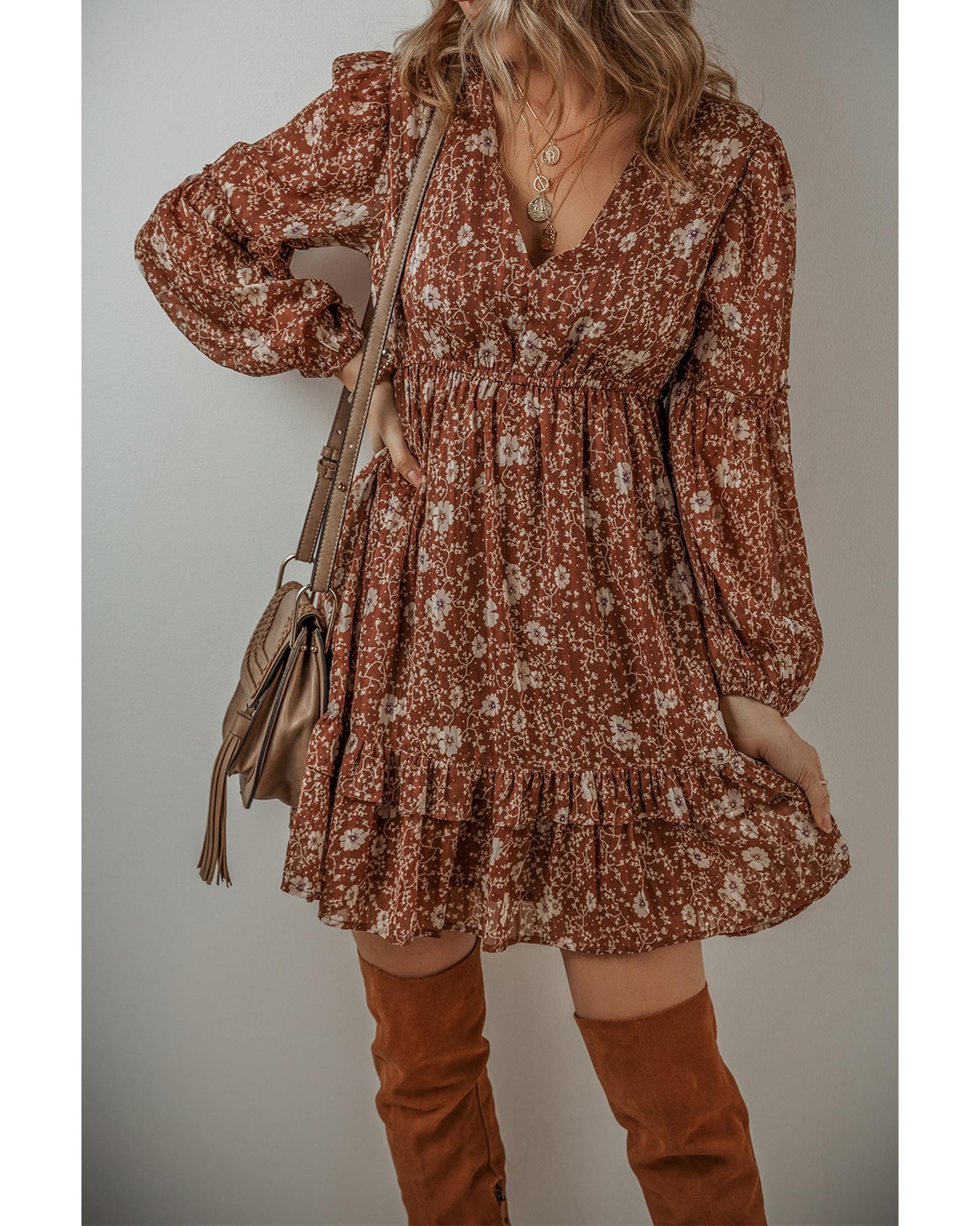 Brown Boho Floral Ruffled Puff Sleeve V Neck Mini Dress - XL 8