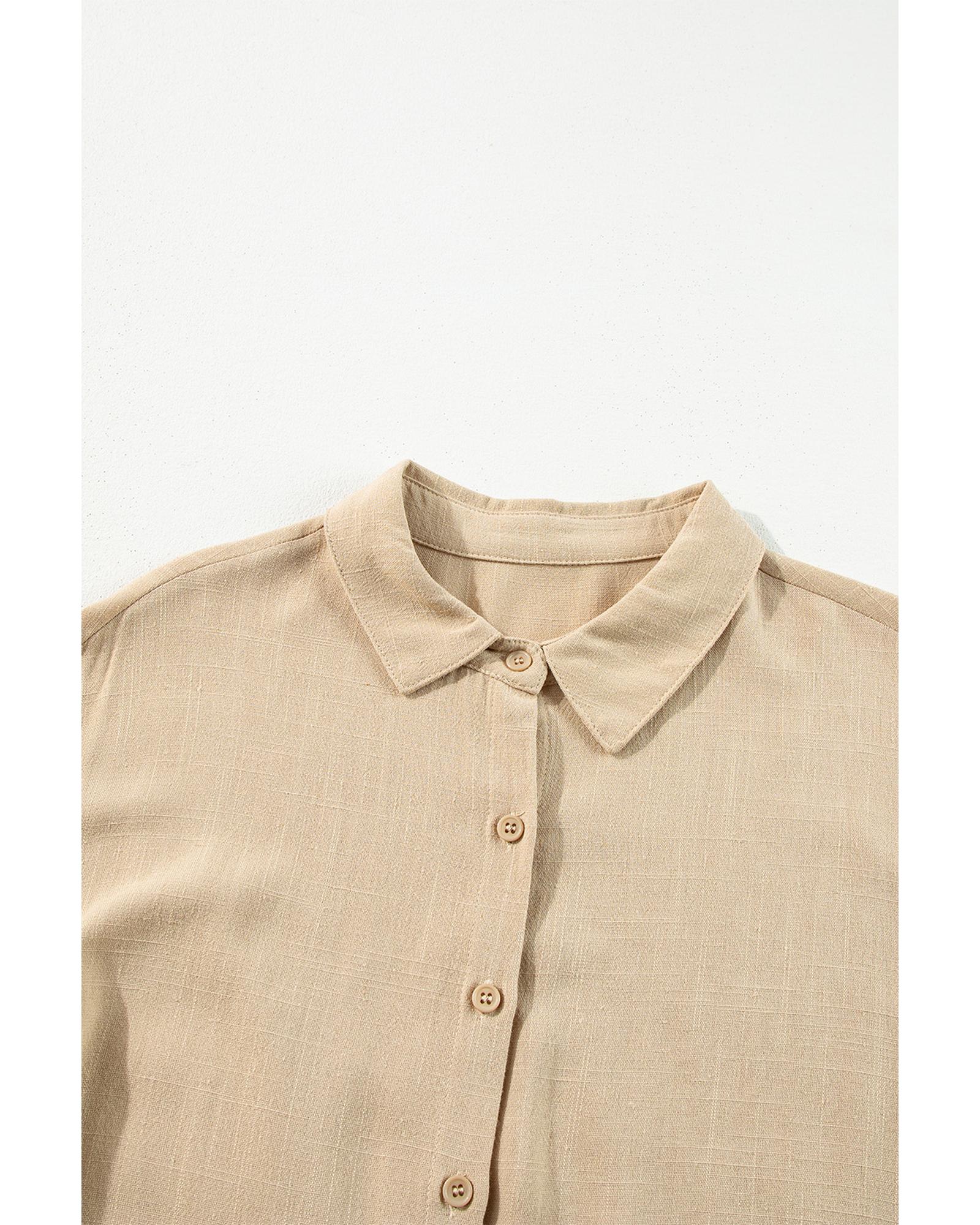 Tan Puff Sleeve Buttoned Tiered Pleated Shirt Mini Dress - L 6
