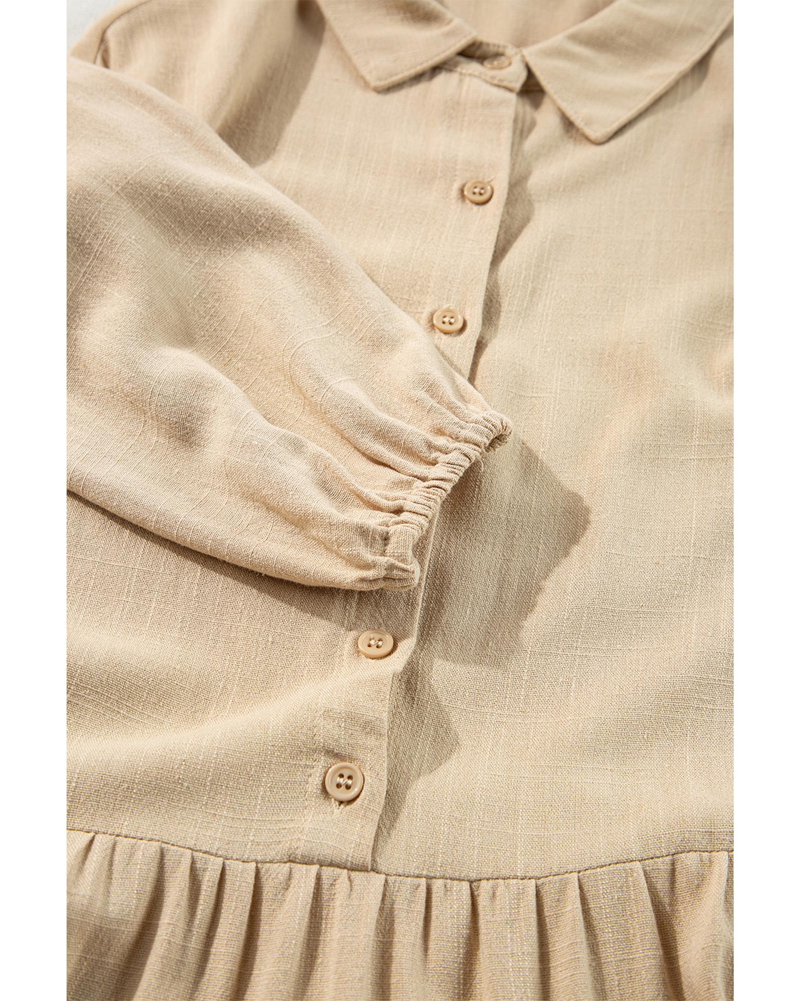 Tan Puff Sleeve Buttoned Tiered Pleated Shirt Mini Dress - L 8
