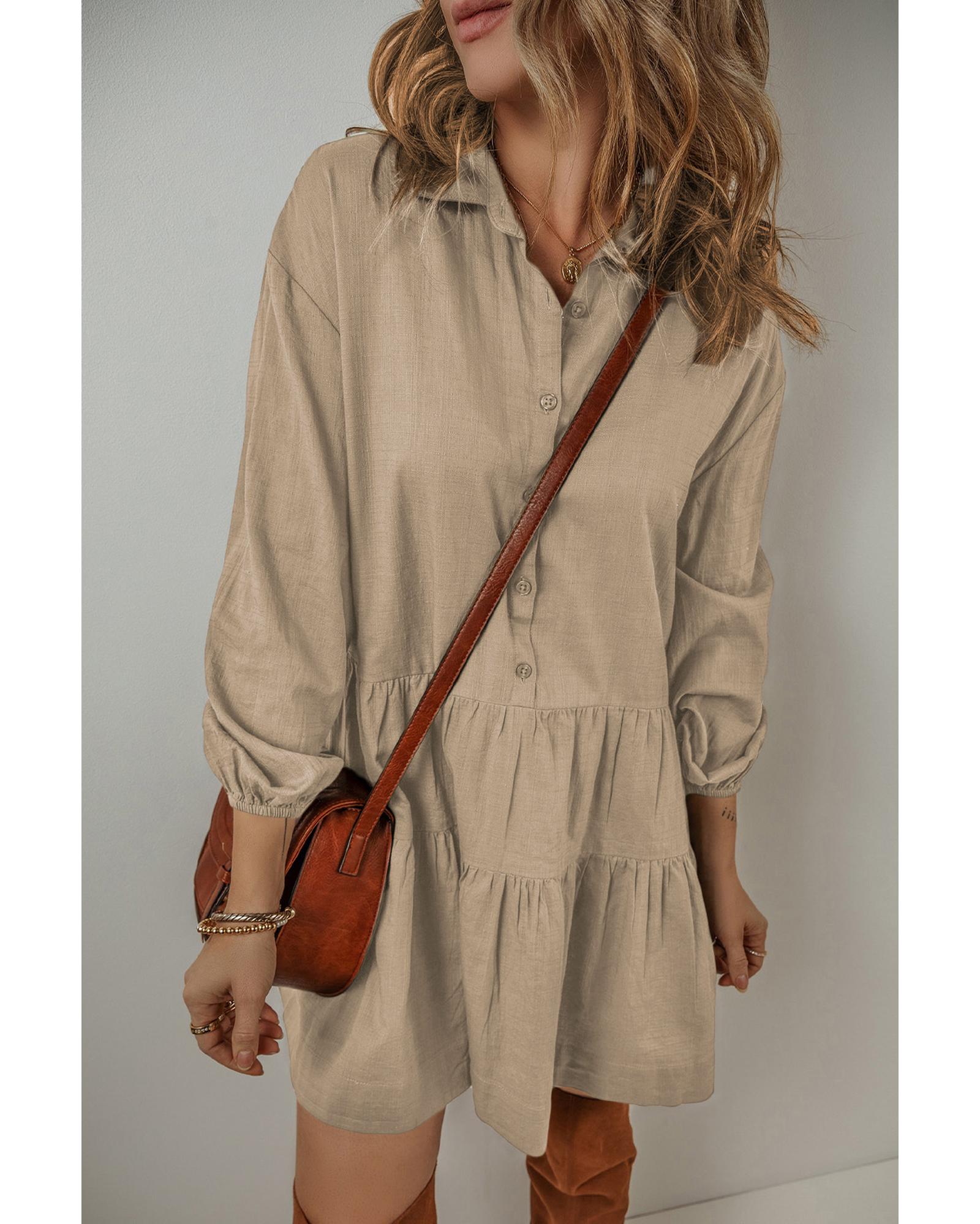 Tan Puff Sleeve Buttoned Tiered Pleated Shirt Mini Dress - M 4