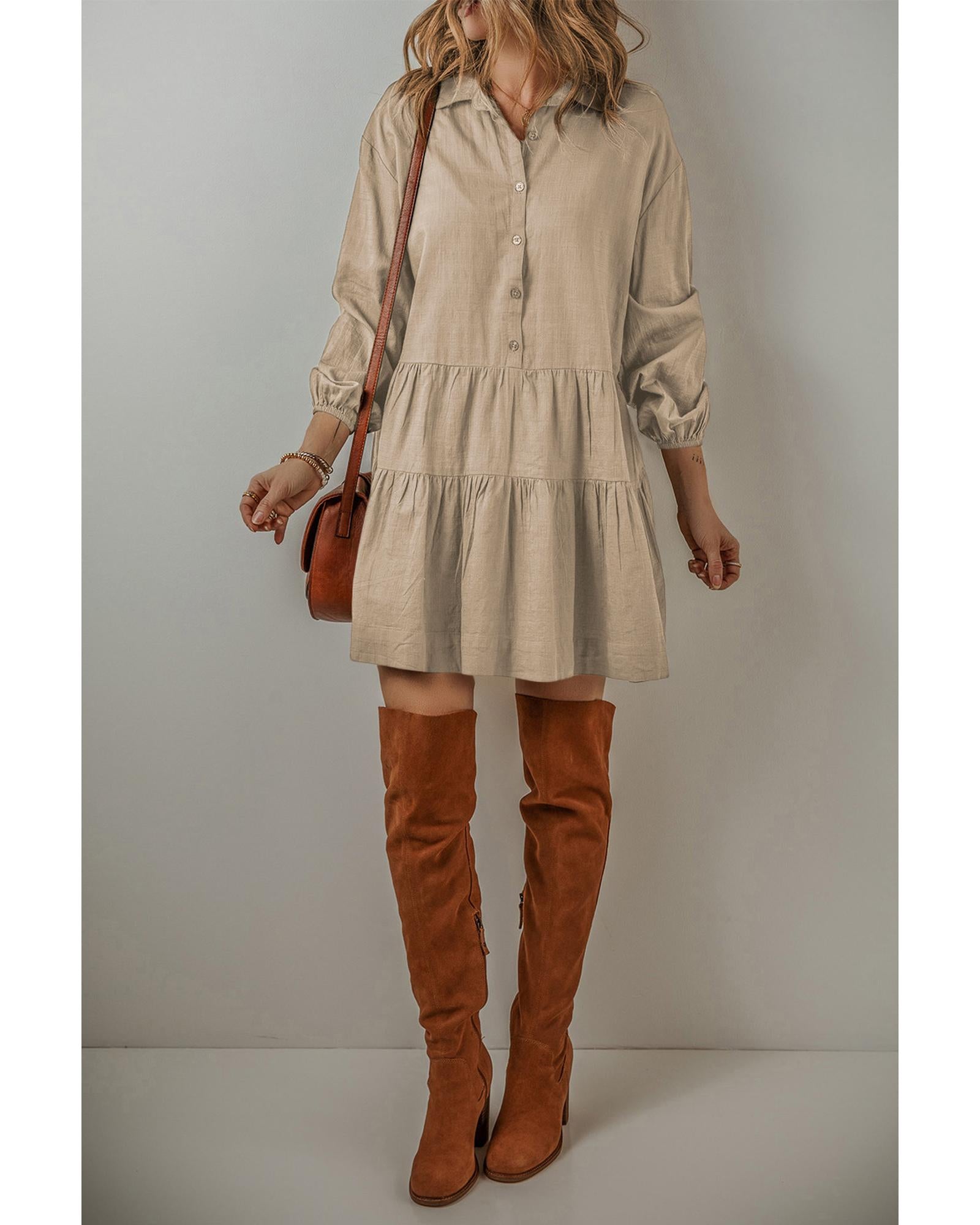 Tan Puff Sleeve Buttoned Tiered Pleated Shirt Mini Dress - S 7