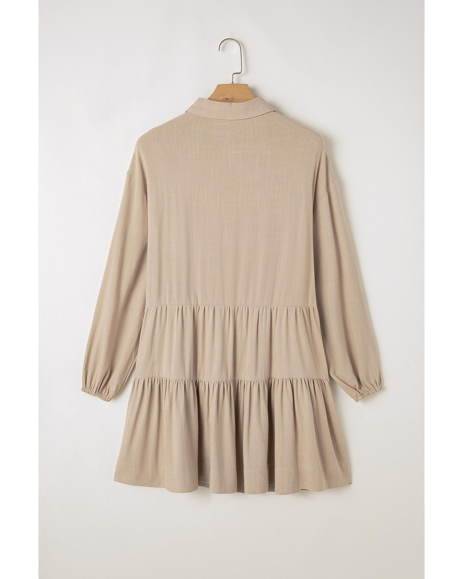 Tan Puff Sleeve Buttoned Tiered Pleated Shirt Mini Dress - XL 4