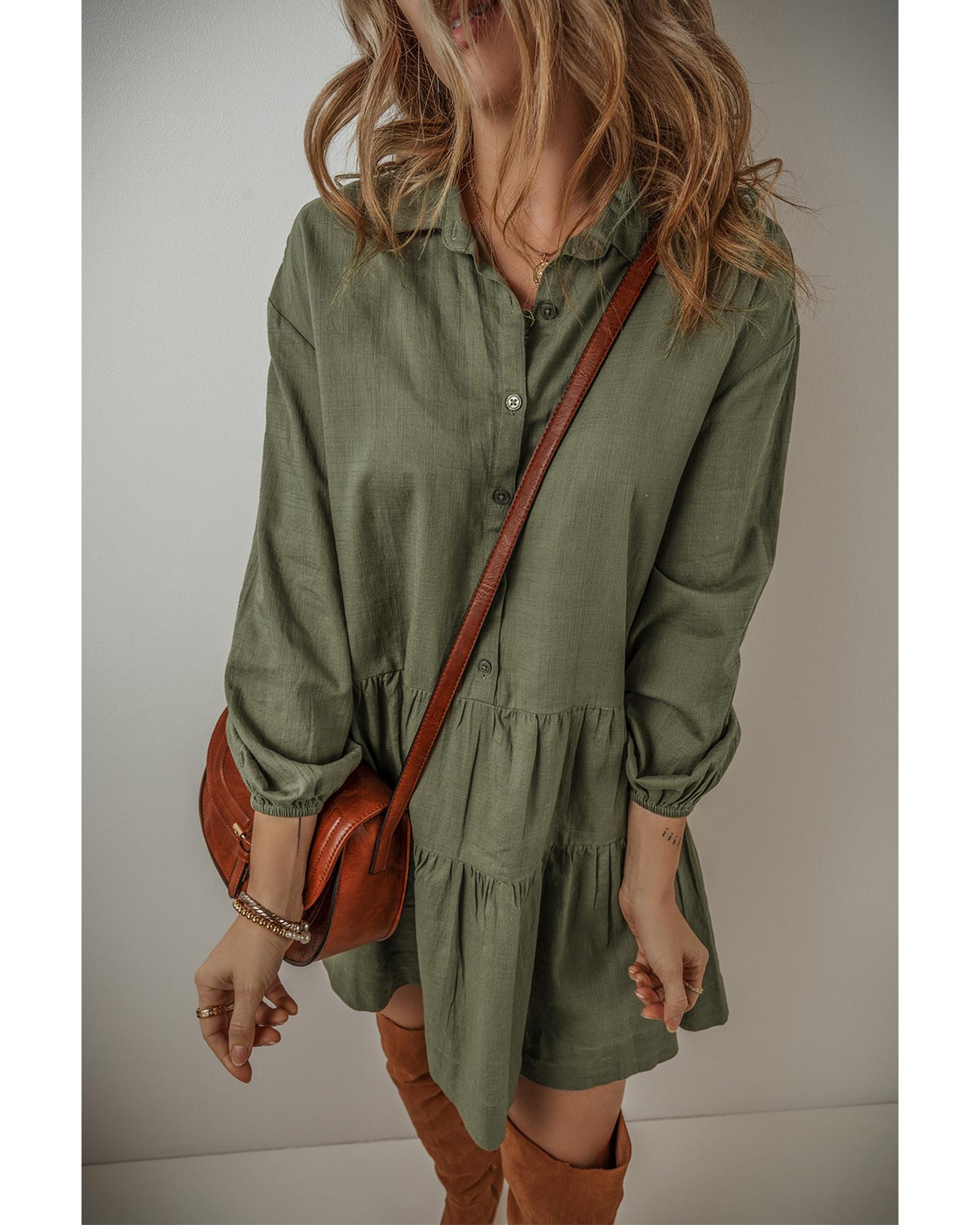 Jungle Green Puff Sleeve Buttoned Tiered Pleated Shirt Mini Dress - S